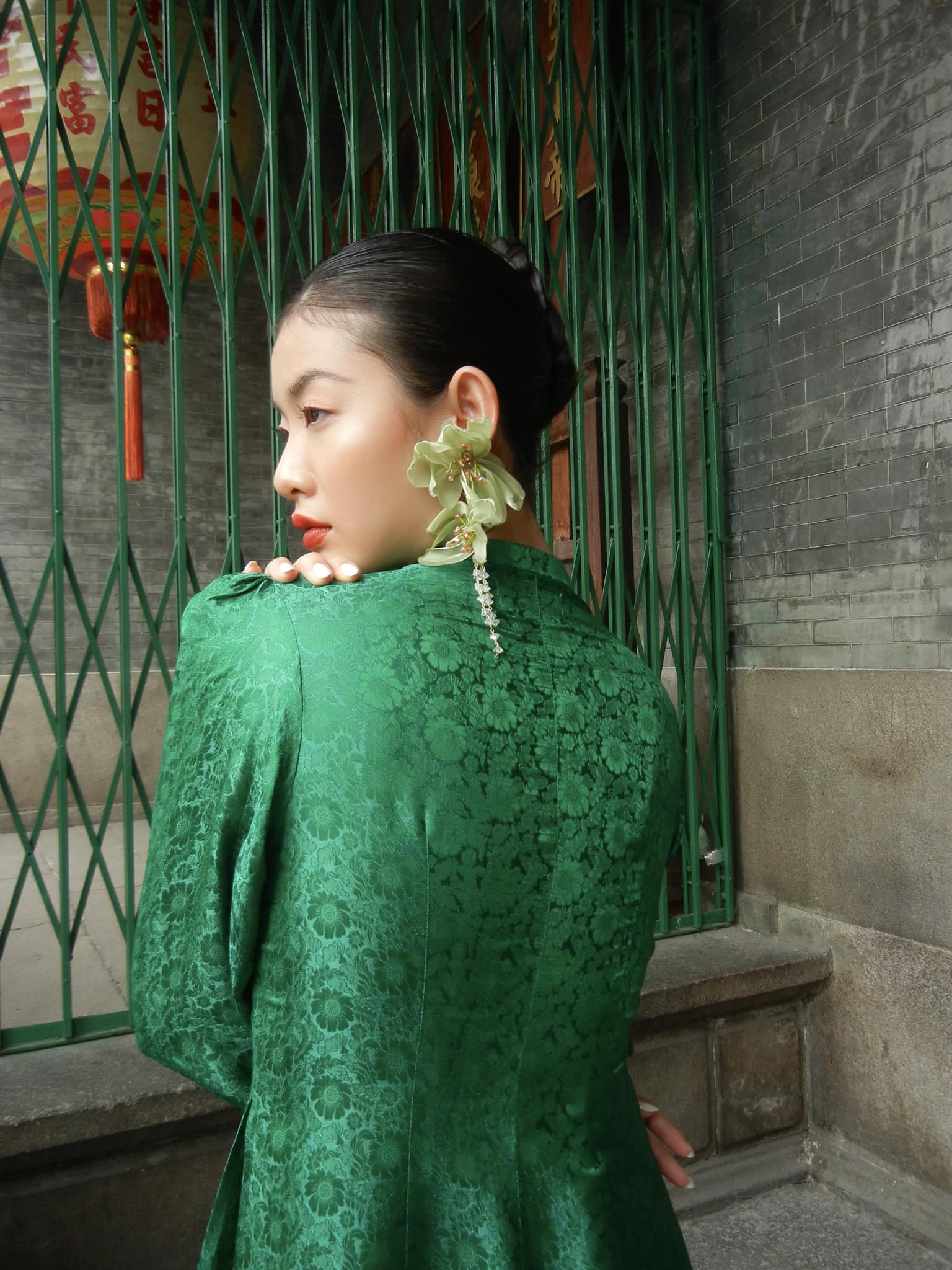 Vietnamese Ao Dai - Tang Bong Ao Dai Set - Wormsilk with Puff Sleeve - back view in brocade in green by SY Design