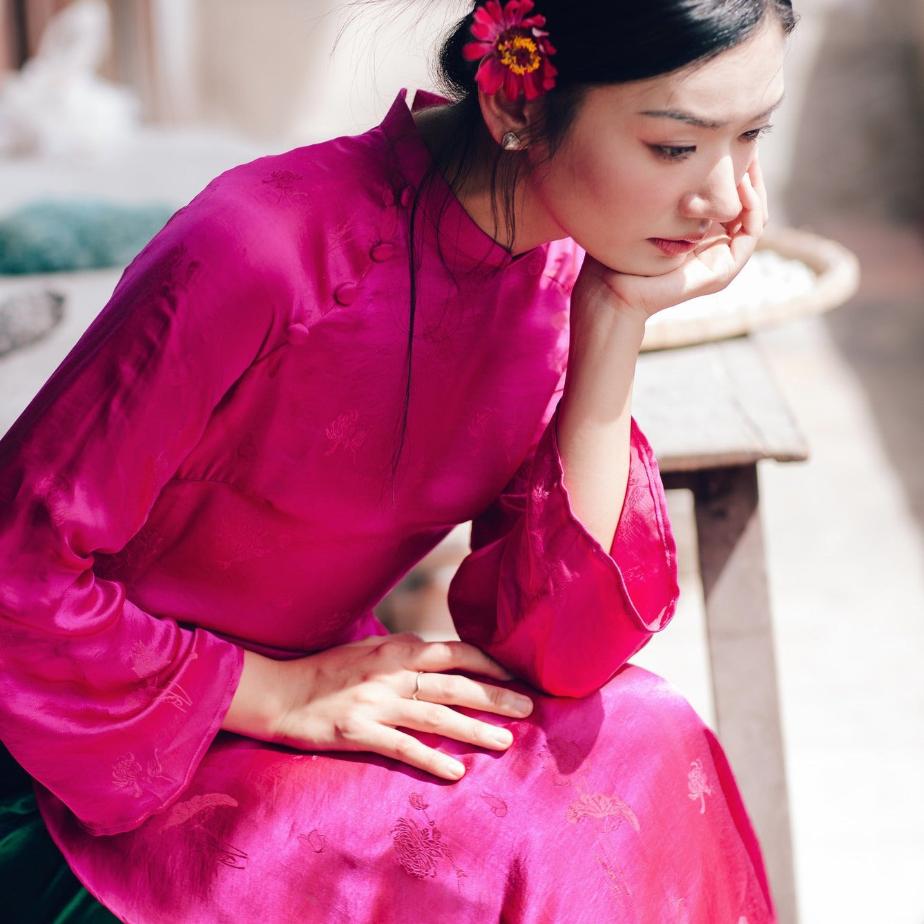 Vietnamese Ao Dai - Lien Hoa Ao Dai set - Silkworm Silk in Magenta [Traditional cut] - styled presentation in pink by Moc