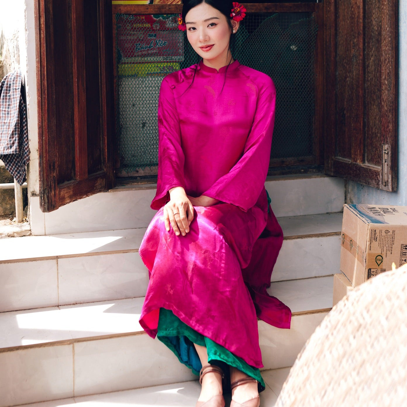 Vietnamese Ao Dai - Lien Hoa Ao Dai set - Silkworm Silk in Magenta [Traditional cut] - front view in fuchsia by Moc