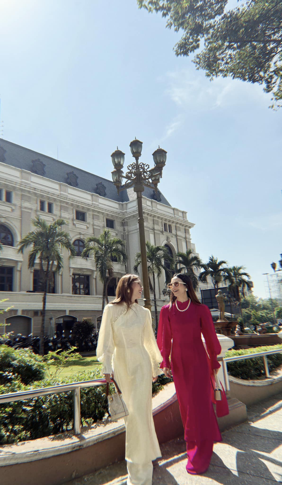 "Red Tang Bong Ao Dai set in 100% wormsilk with puff sleeves, traditional Vietnamese dress by SY Design."