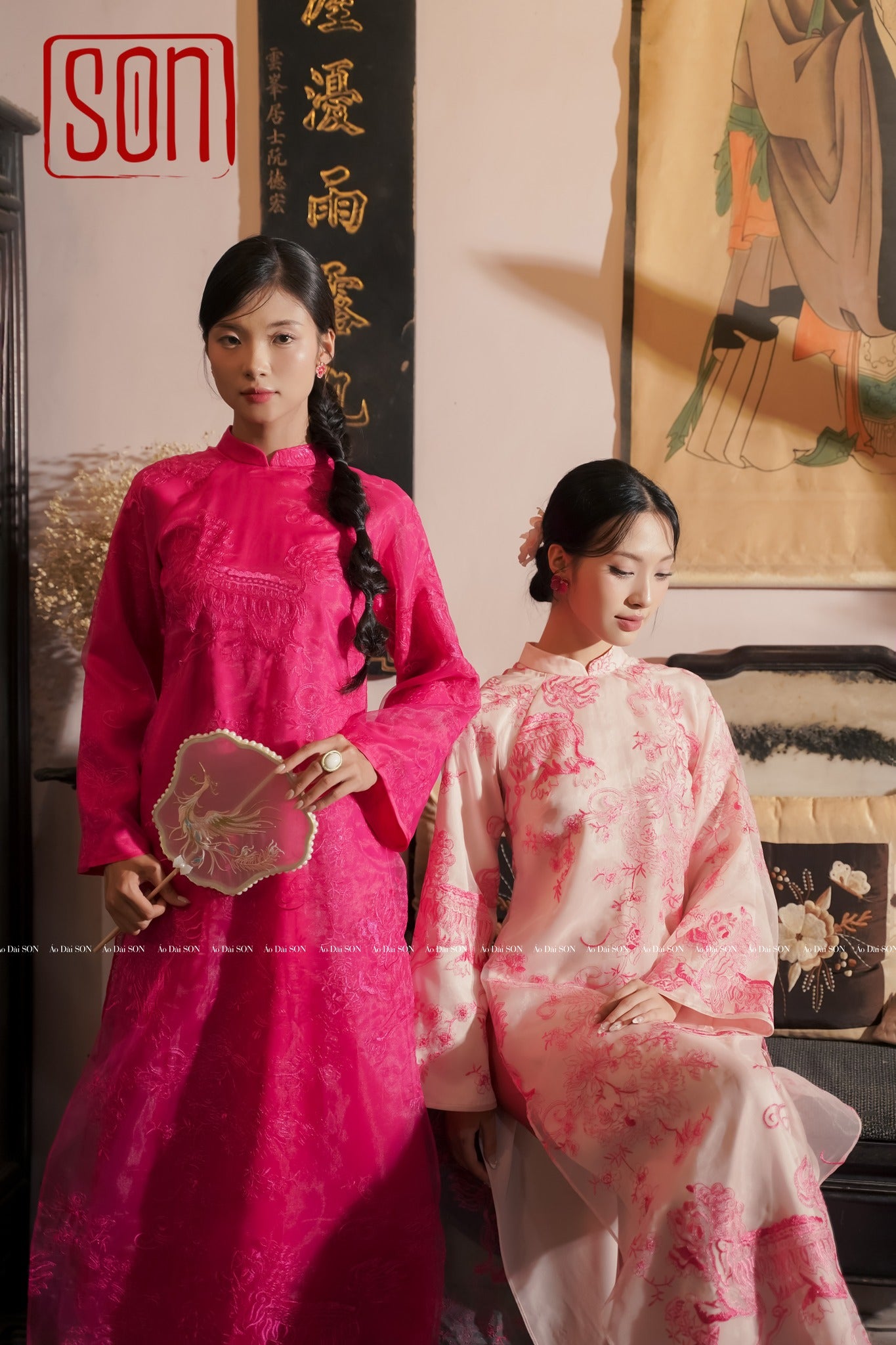 "Yen Son" embroidered Ao Dai set in magenta silk with floral jacquard, traditional Vietnamese dress.