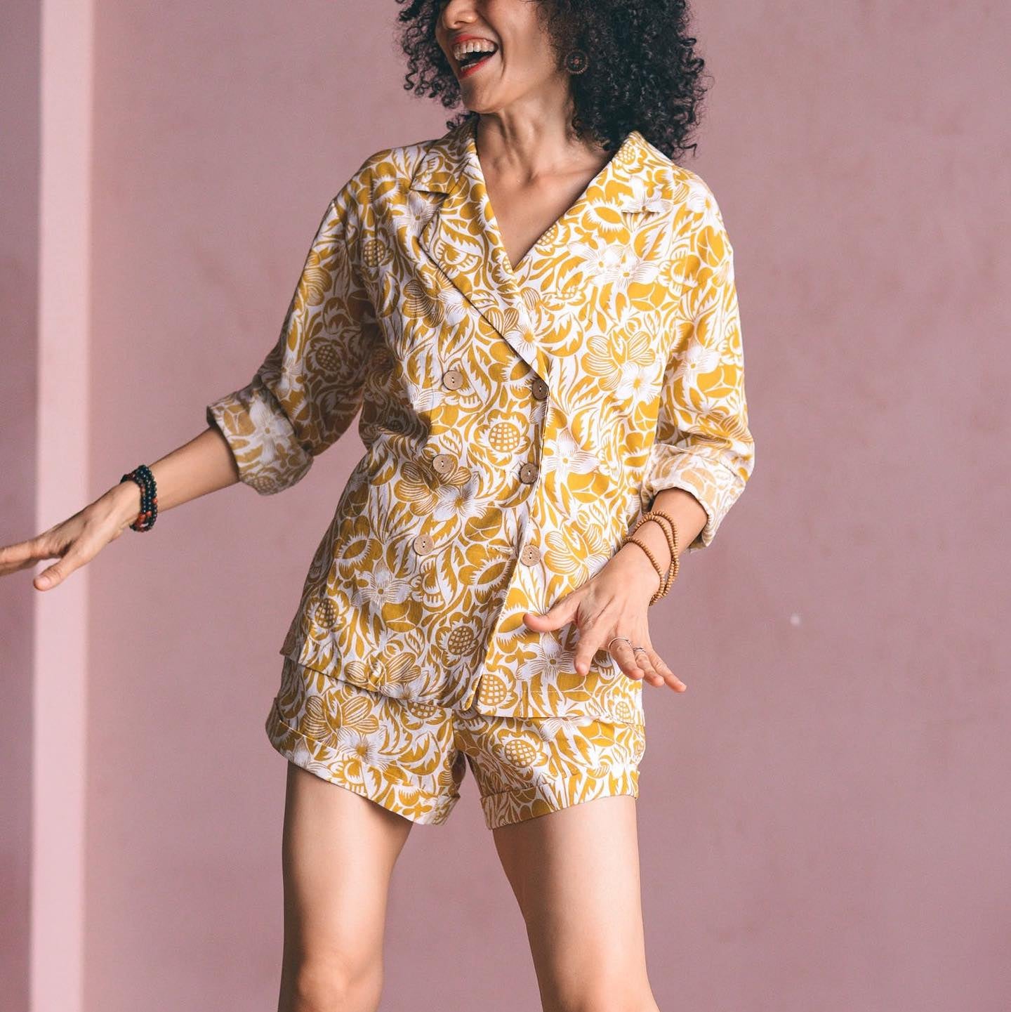 "Peony - Linen Set in Blue by Turmeric, floral patterned yellow top and shorts, casual wear"