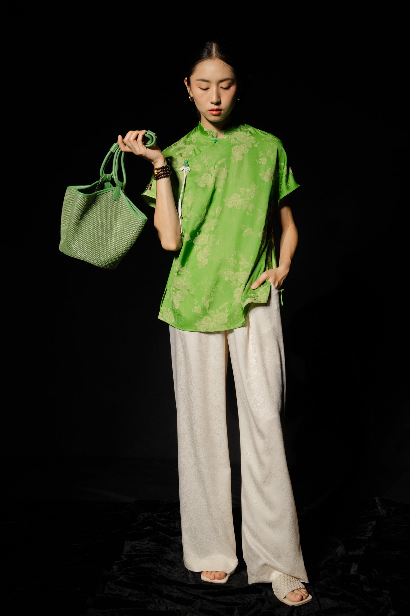 "Yen Chi Set - Mandarin-neck green jacquard silk top, modern Vietnamese design by Hy Phuong"
