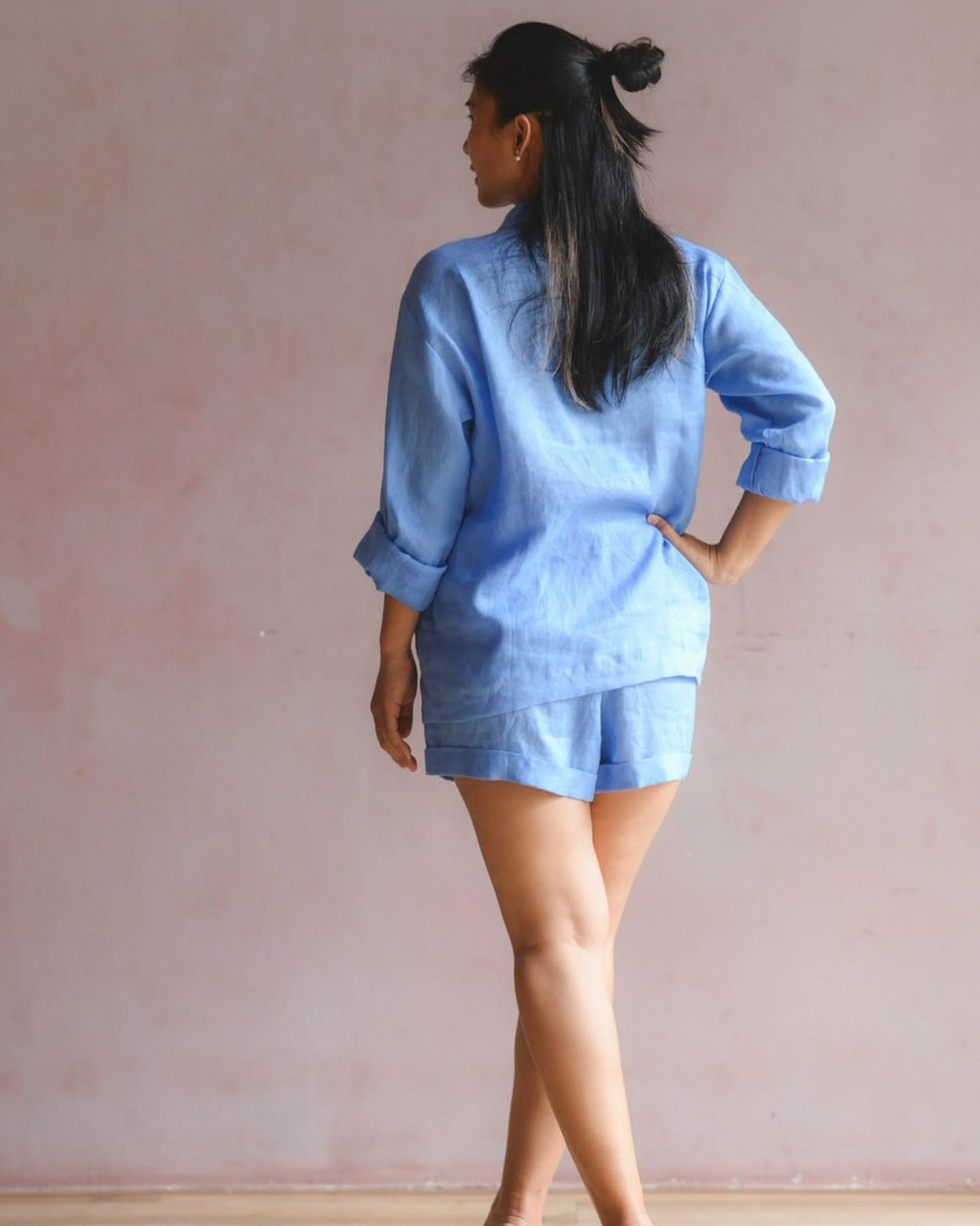 "Peony - Linen Set in Blue by Turmeric, casual blue linen shirt and shorts ensemble"