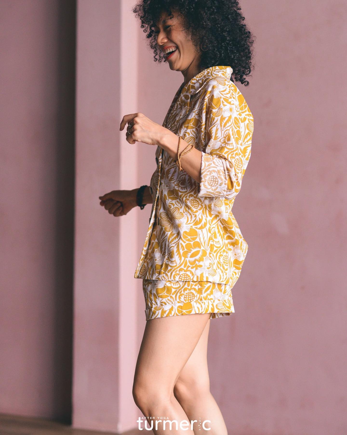 "Peony - Linen Set in Blue by Turmeric, featuring yellow floral pattern on linen fabric"