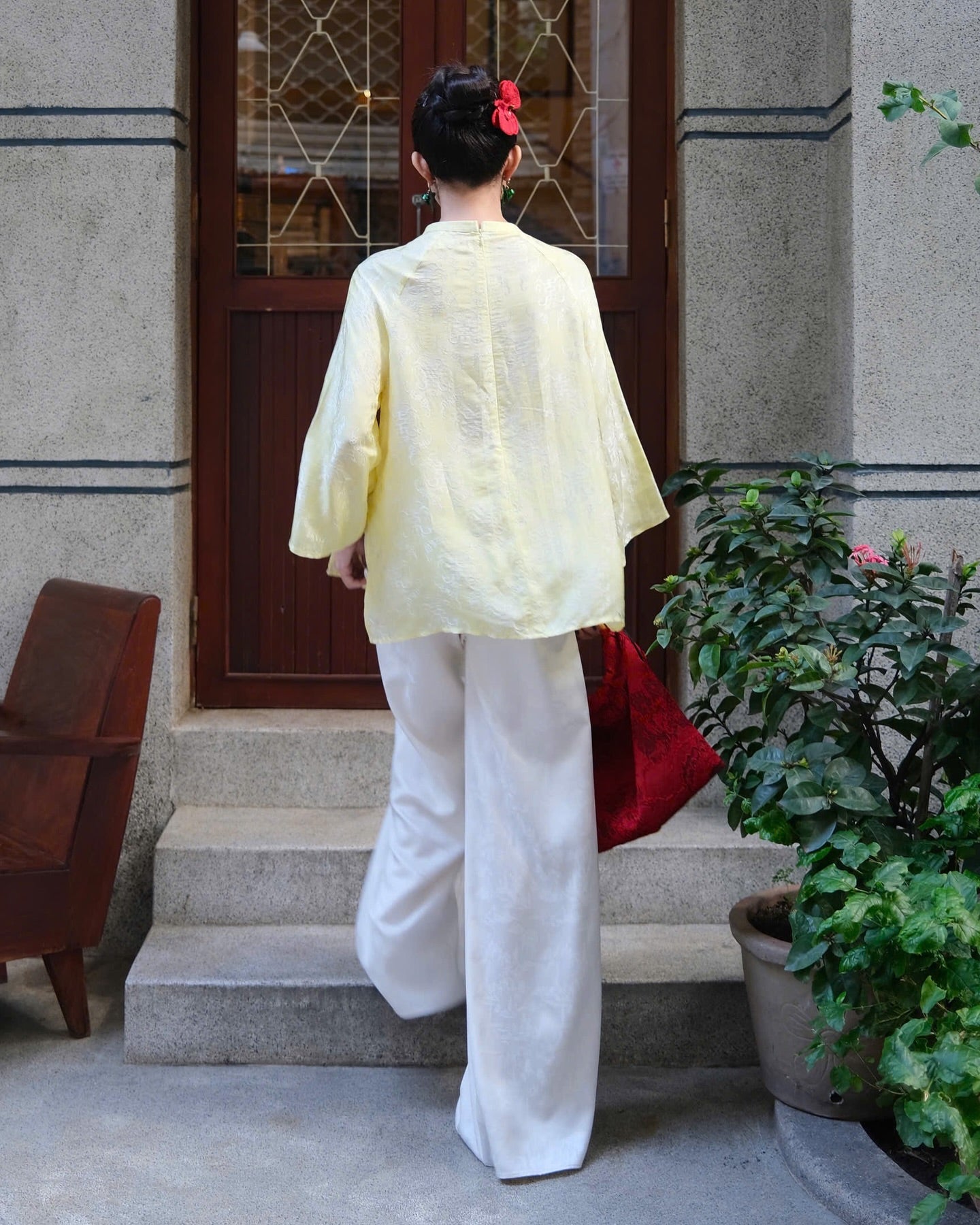 "Minh Hy wide-leg jacquard silk pants in white, traditional Vietnamese design by Hy Phuong."