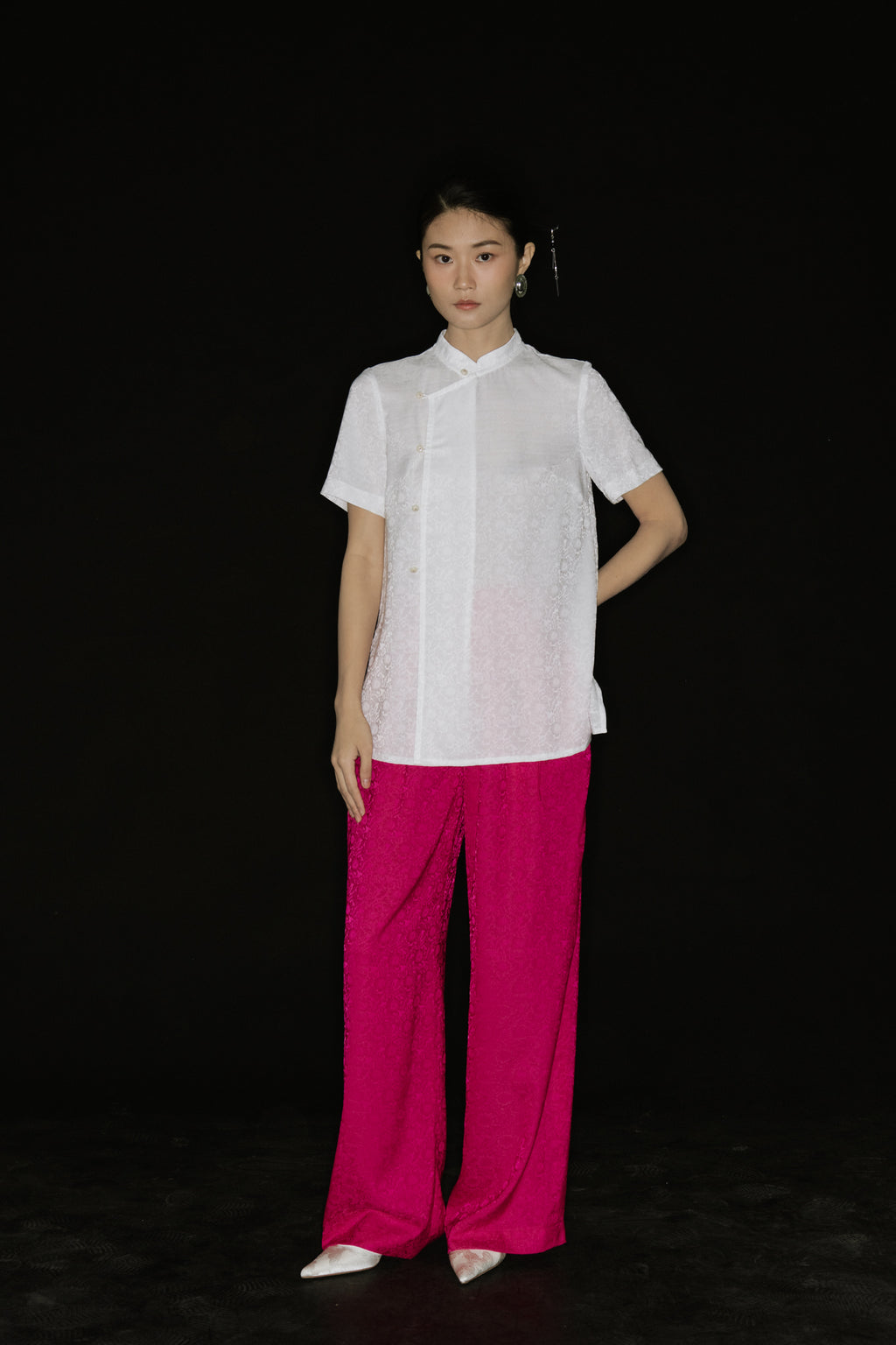 "Tinh Duyen" Set - Mandarin Silk Top in White & Fuschia Wide-leg pants