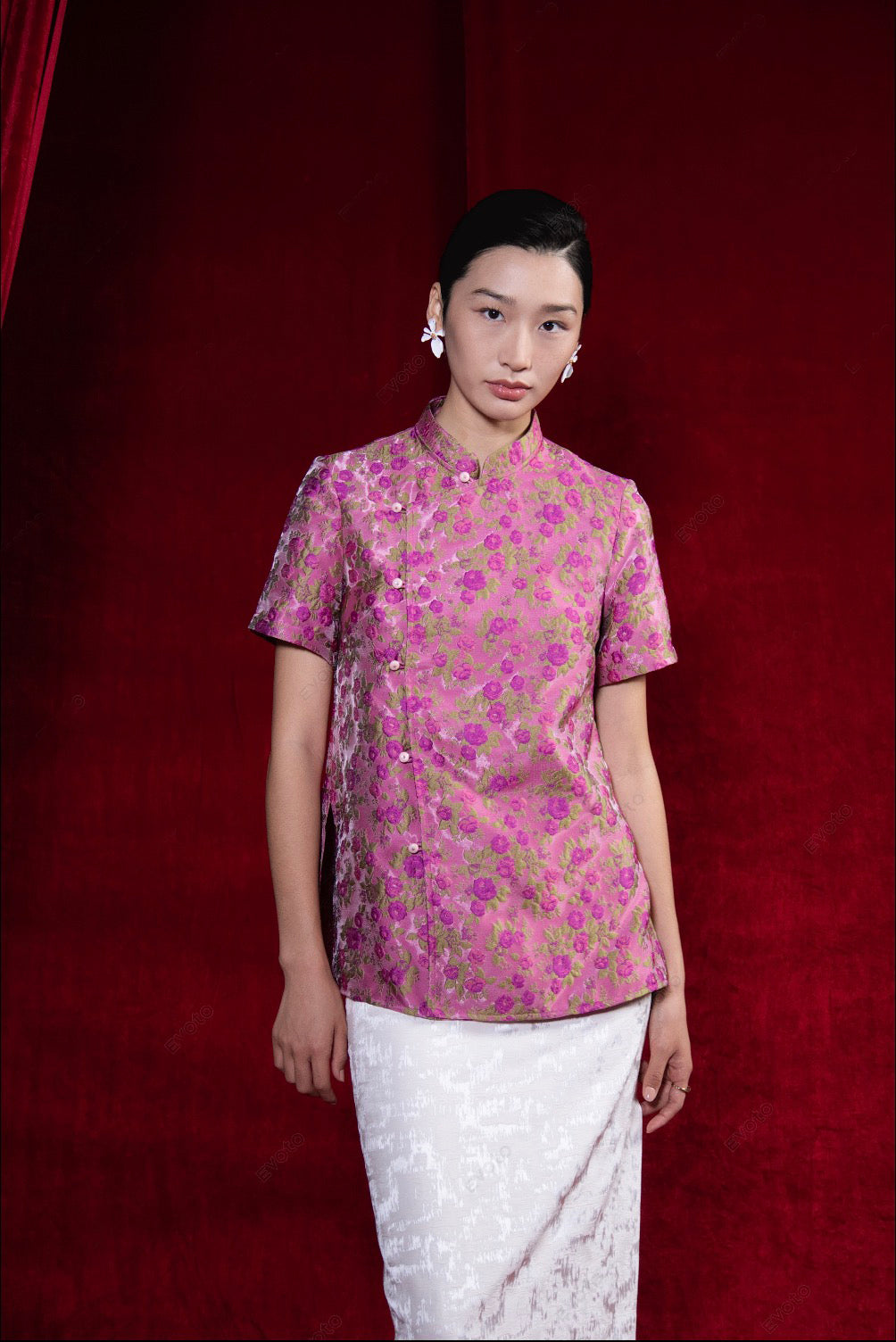 Yeu Kieu - High-waisted Skirt in Off-white with jacquard weave - front view by Hy Phuong
