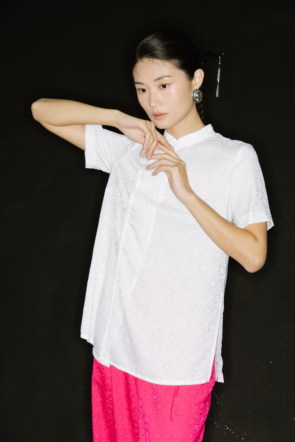 "Tinh Duyen" Set - Mandarin Silk Top in White & Fuschia Wide-leg pants