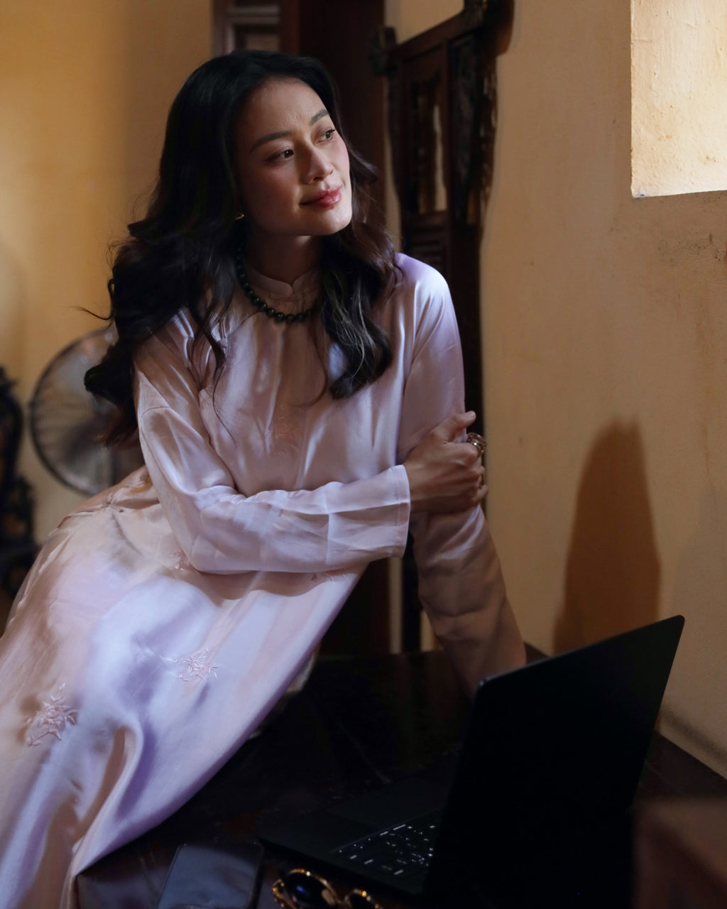 Rose Bunches Ao-dai Set - Premium Hand-embroidered Wormsilk in Soft Lilac - styled presentation by Moc Nhieu