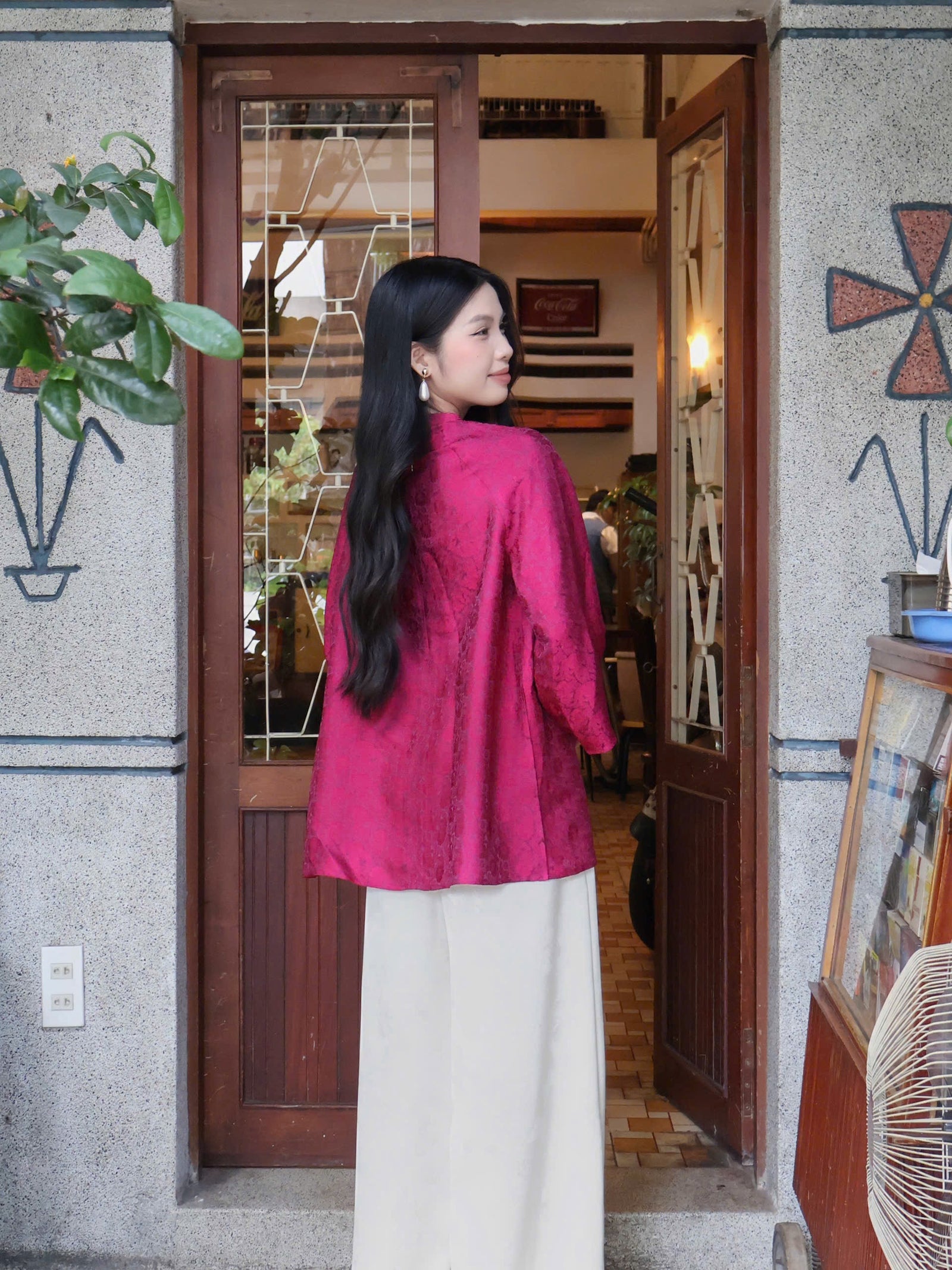 "Tra My" - Mandarin-neck Top - Natural wormsilk in Deep Magenta