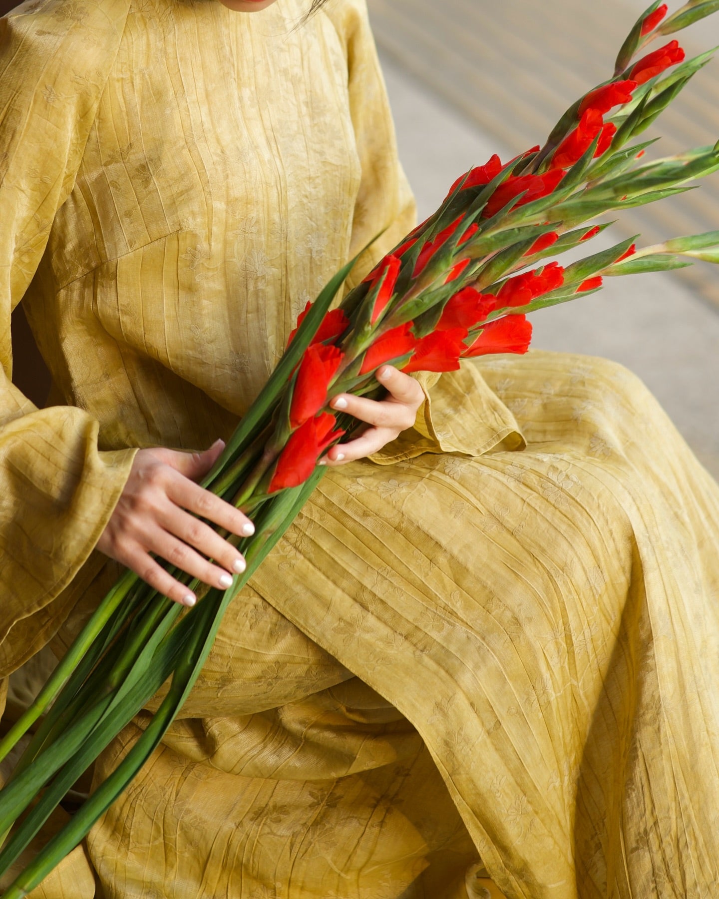 Vietnamese Ao Dai - Hoang Thu - Premium Natural Silk Ao dai Set - styled presentation in yellow by Nam Phuong Y