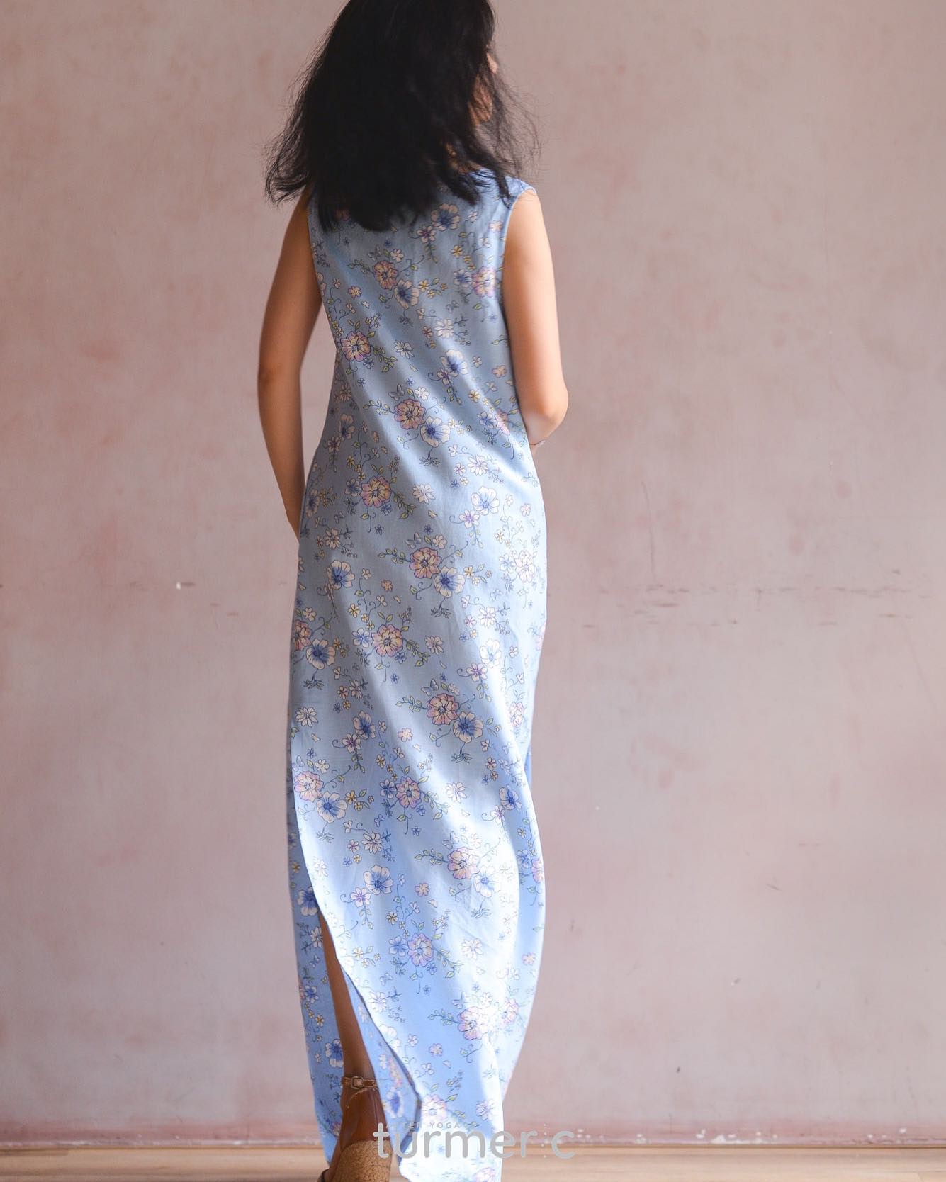 "Everyday Flower" linen maxi dress in blue with floral pattern by Turmeric.