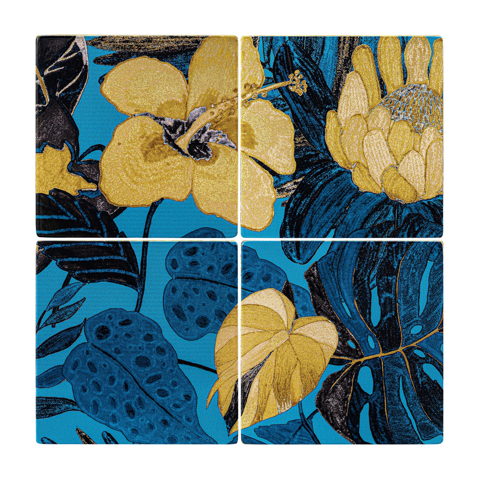 Vietnamese Lacquer - Hoa Ram But - Lacquer Coaster Set (Set of 4) - flat lay display in blue by Bat-trang