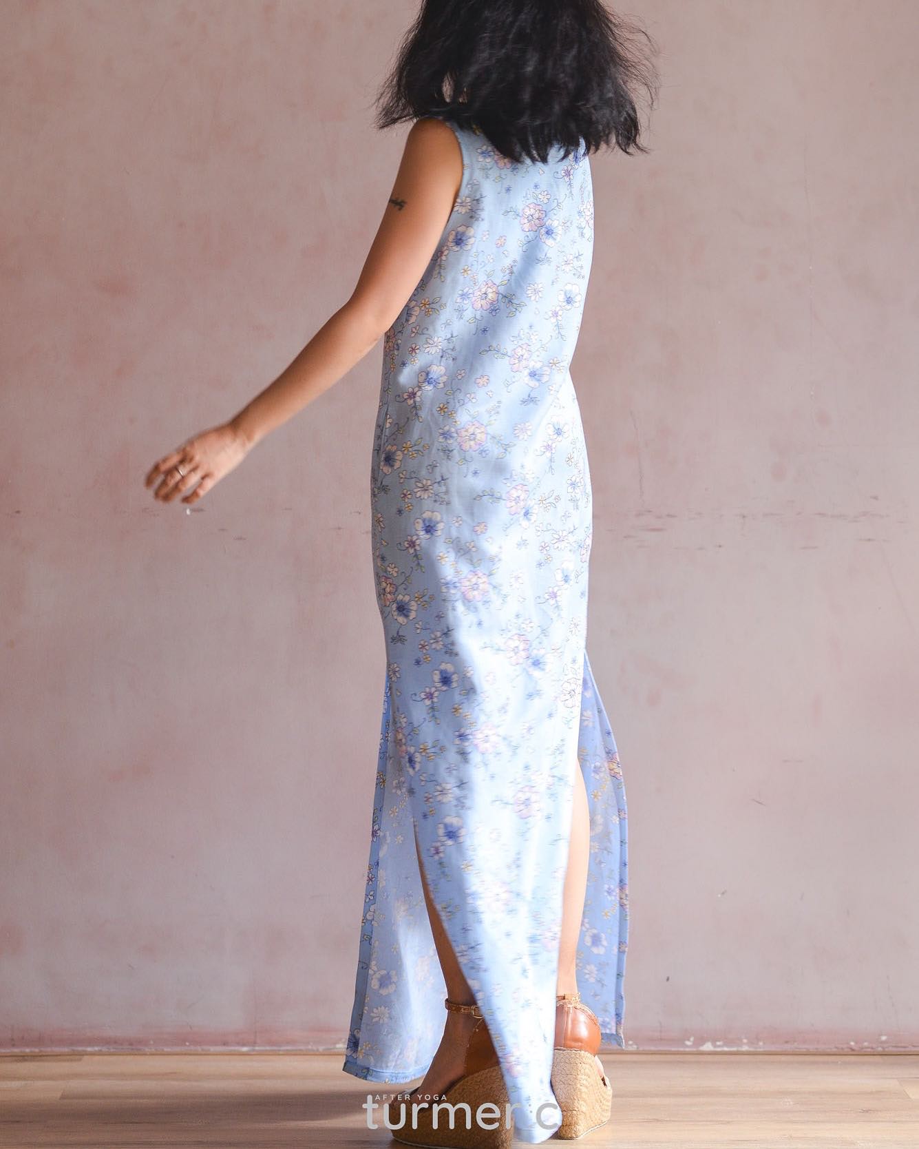 Vietnamese Ao Dai - Everyday Flower - Linen Maxi Dress - side profile in silk in light blue by Turmeric