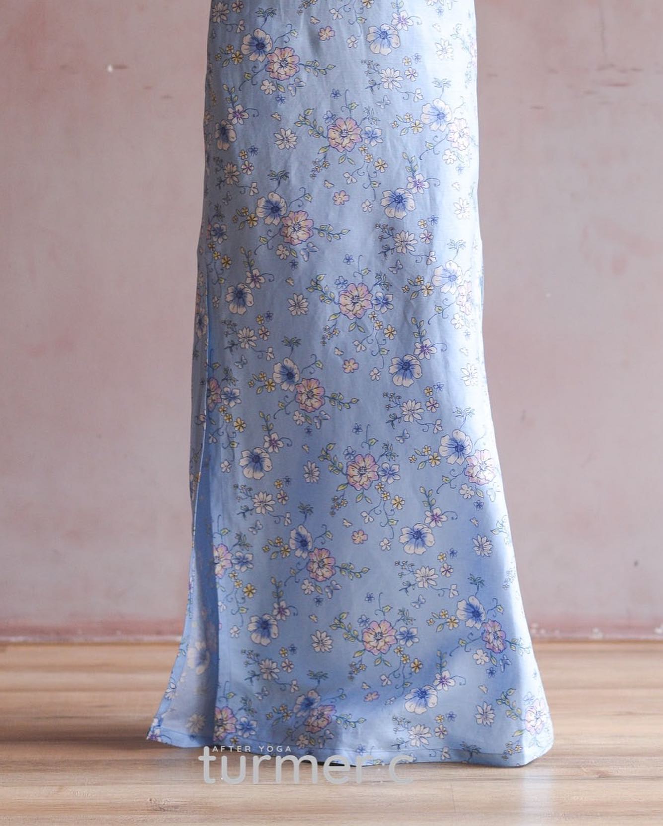 Silk Pattern - Everyday Flower - Linen Maxi Dress - side profile in silk in blue by Turmeric