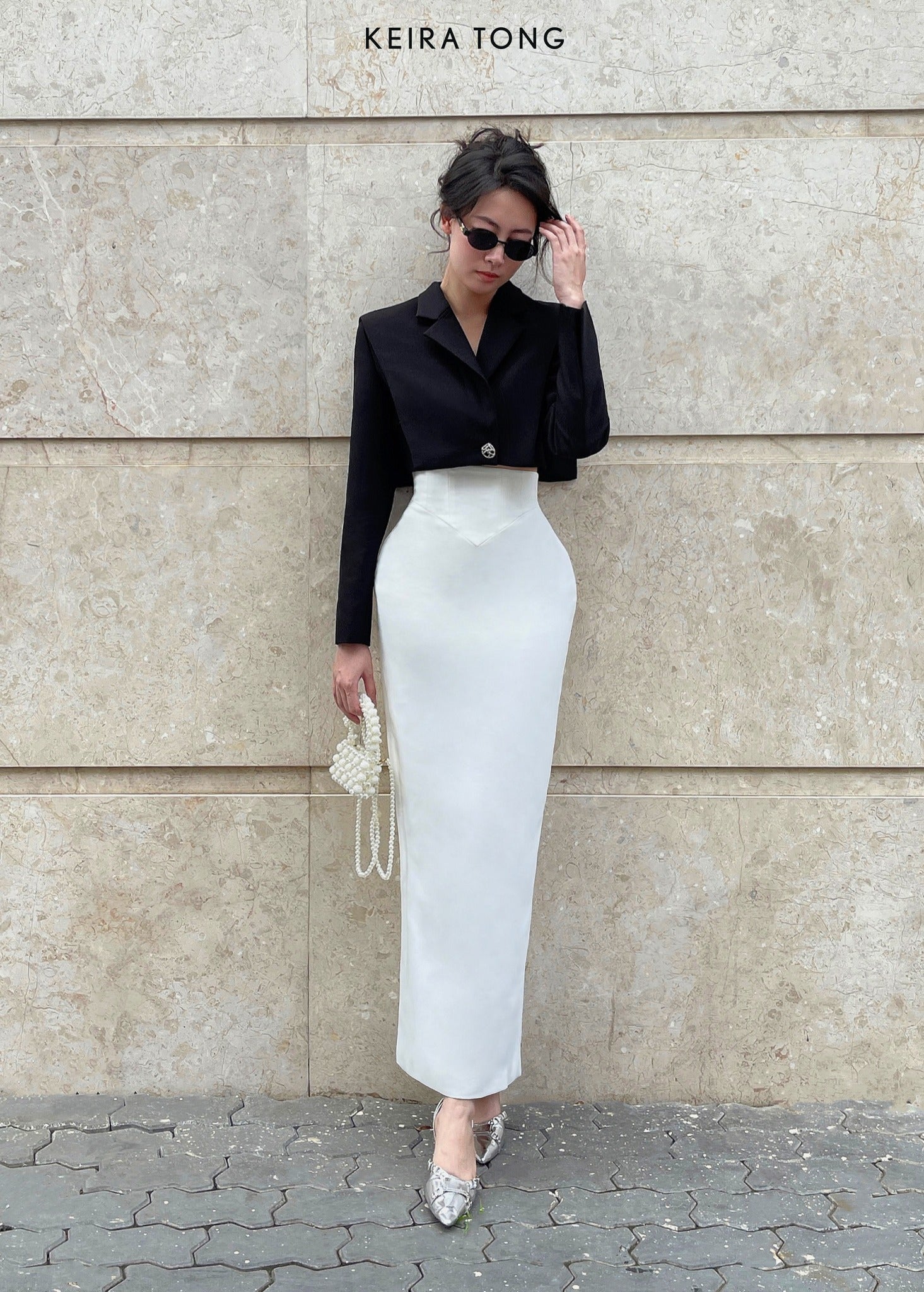 Corset Pencil Skirt - front view in silk in white by Keira Tong