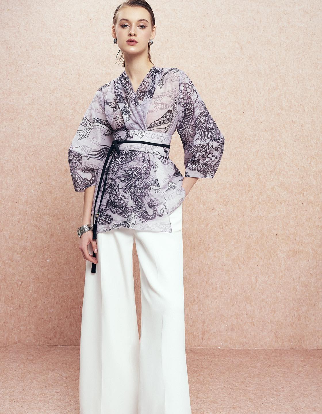 "Vĩ Kimono Top - Black Silk Organza by Keira Tong, traditional Eastern design"