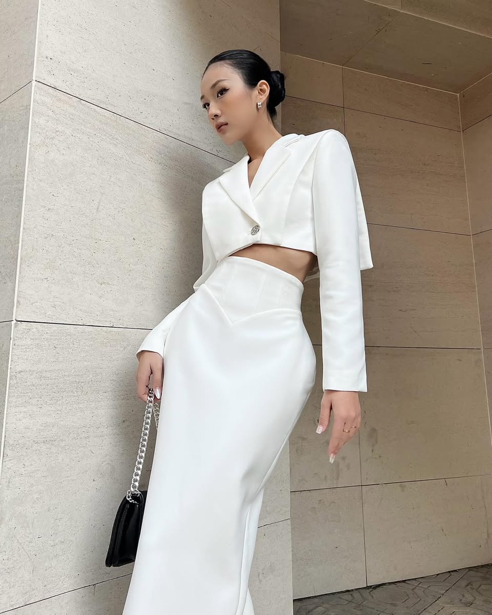 "Corset Pencil Skirt in White by Keira Tong, modern design, elegant white fabric."