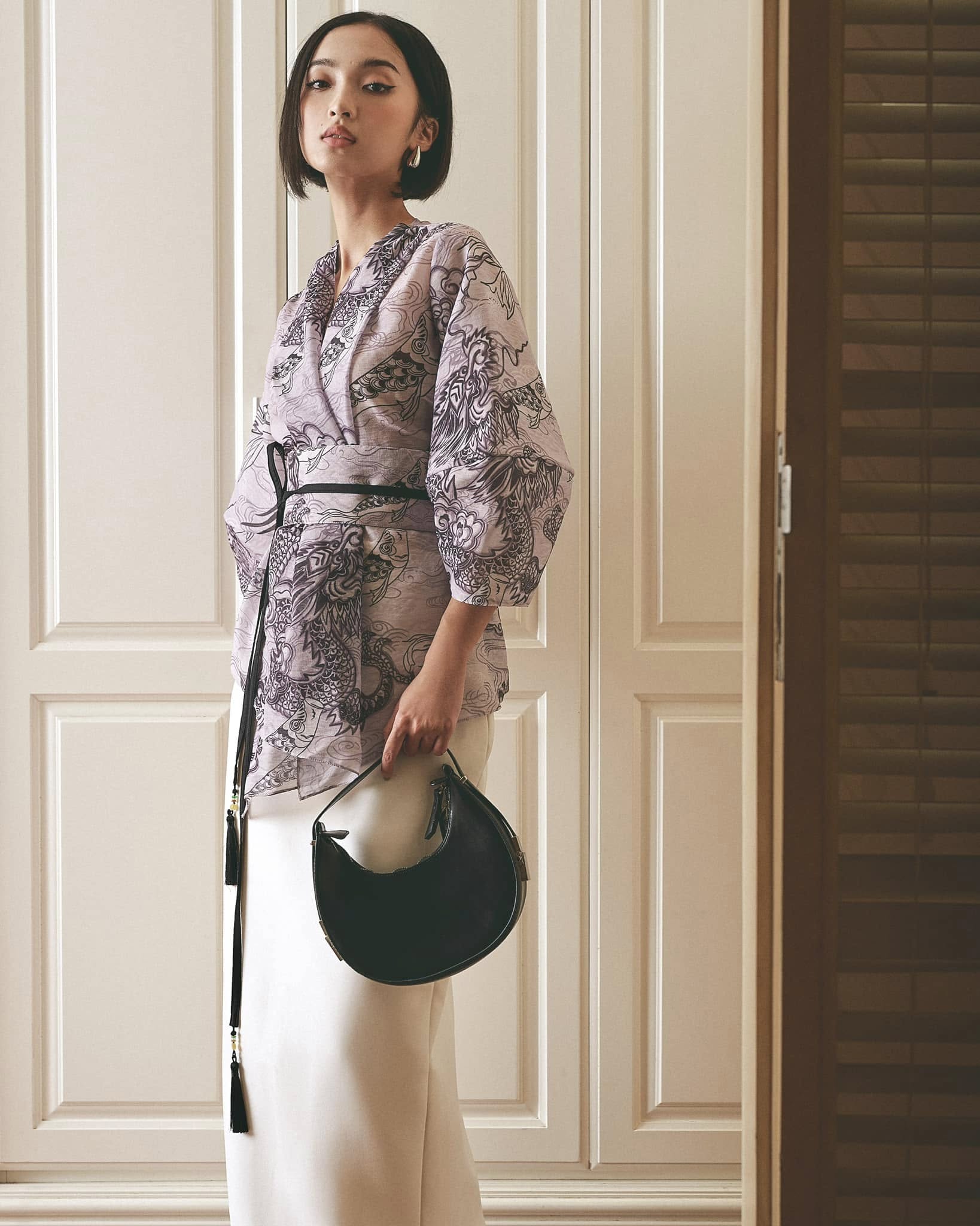 "Vĩ Kimono Top - Black Silk Organza by Keira Tong, traditional and modern patterns, cultural elegance."