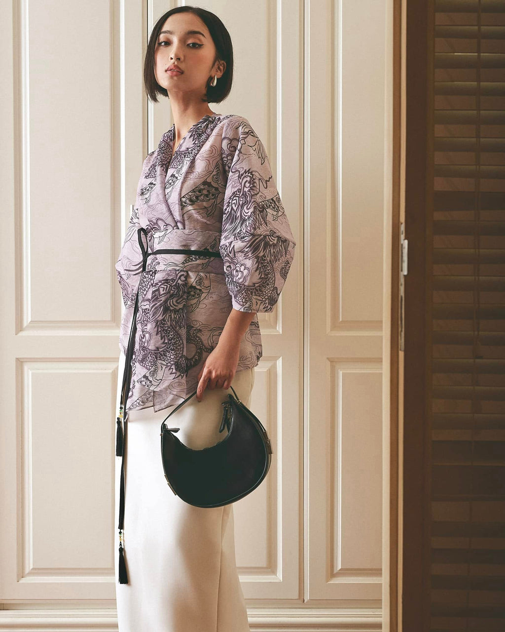 "Vĩ Kimono Top - Black Silk Organza by Keira Tong, traditional and modern patterns, cultural elegance."