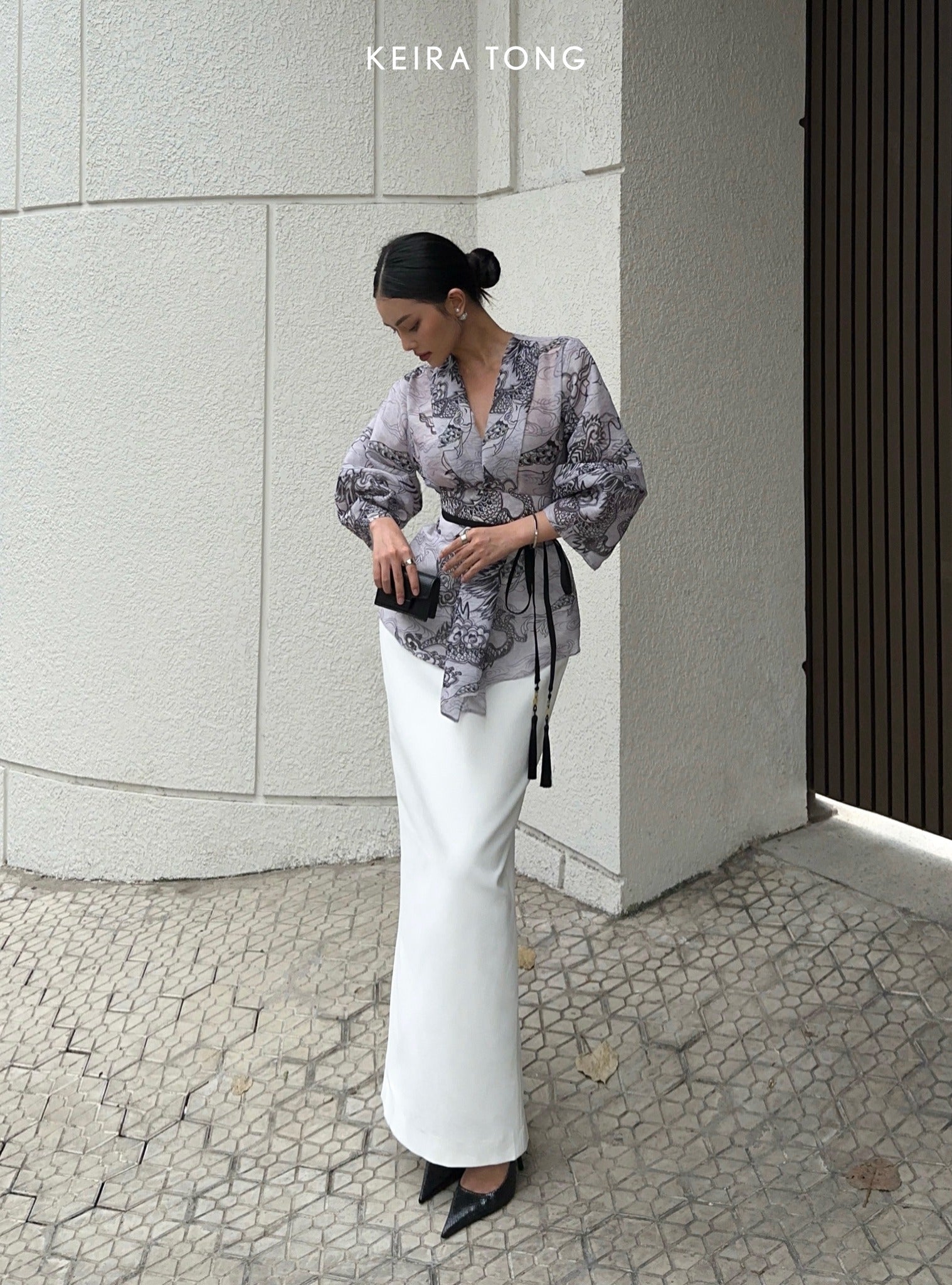 "Vĩ Kimono Top - Black Silk Organza by Keira Tong, traditional and modern patterns, cultural elegance."