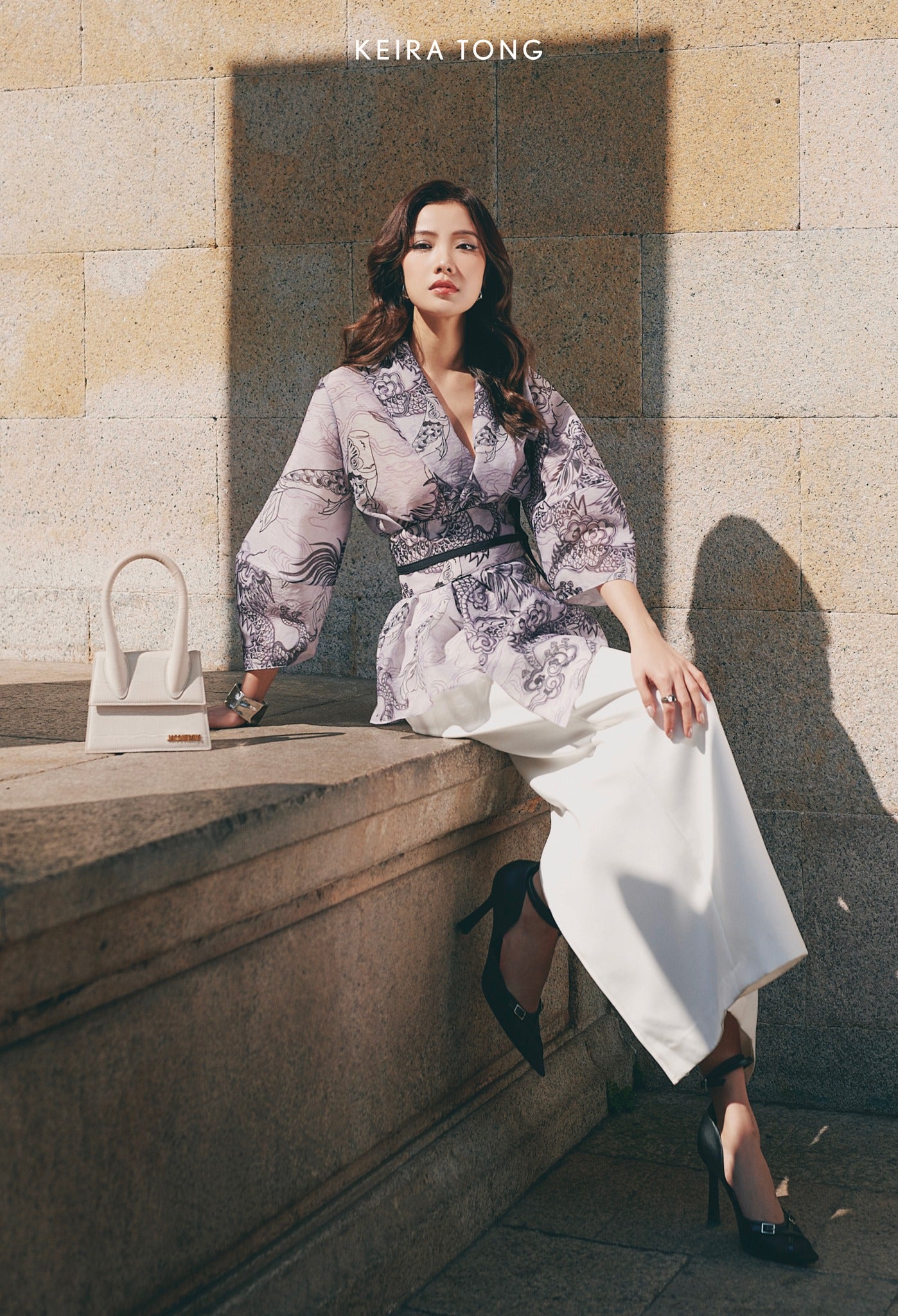 "Vĩ Kimono Top by Keira Tong in black silk organza with traditional modern patterns."