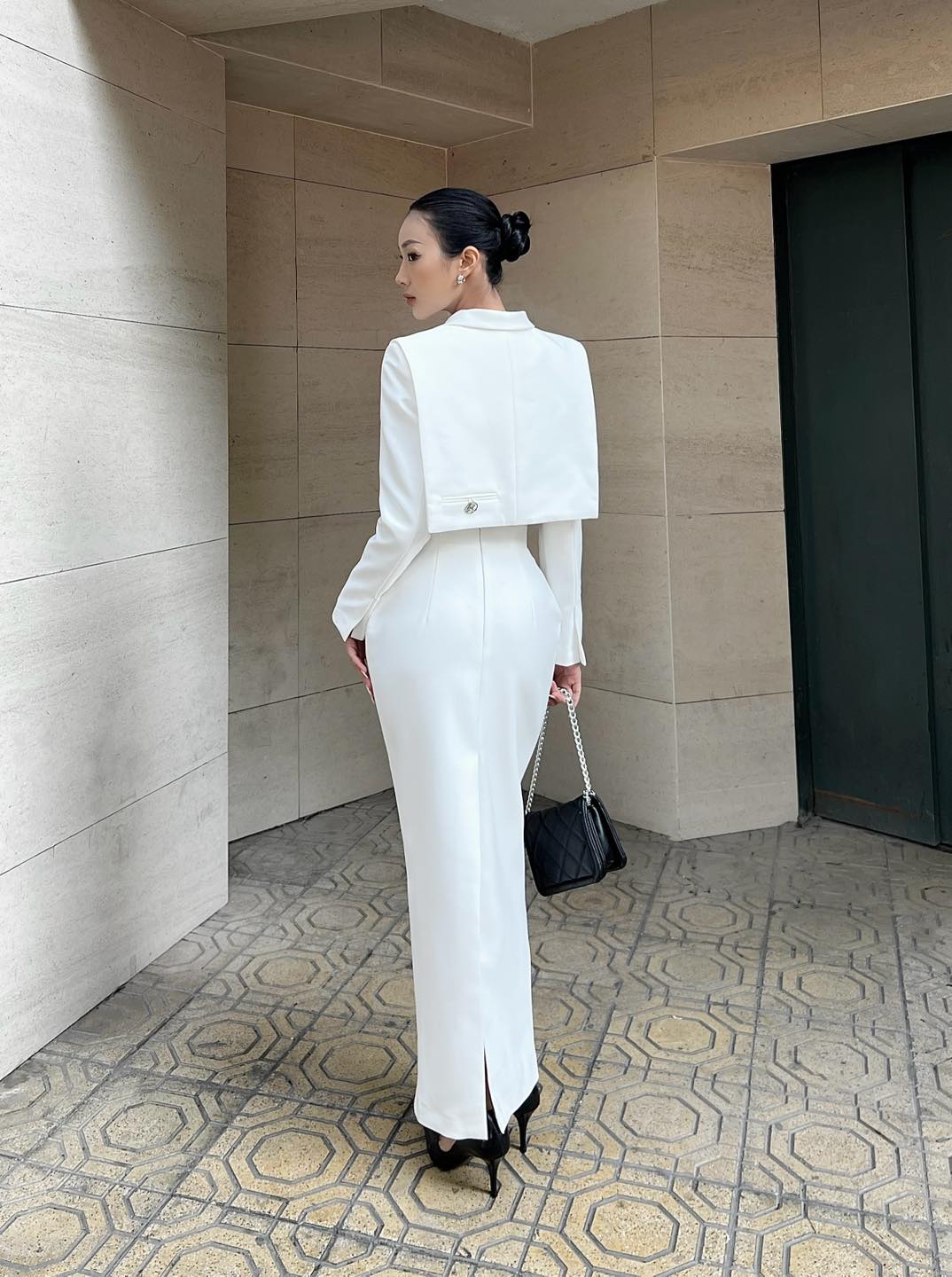 Corset Pencil Skirt - back view in silk in white by Keira Tong