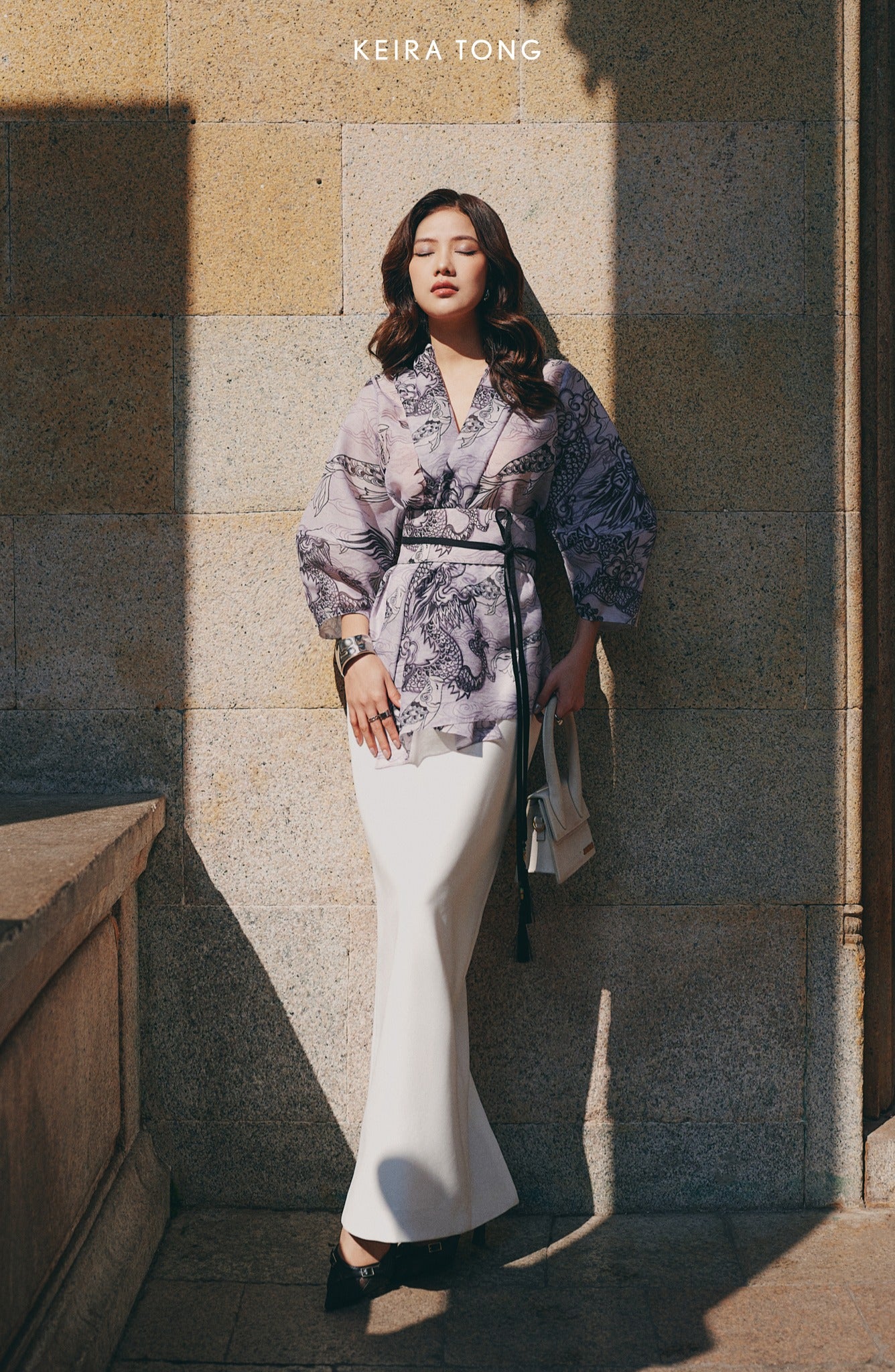 "Vĩ Kimono Top by Keira Tong in black silk organza with traditional patterns, modern design."
