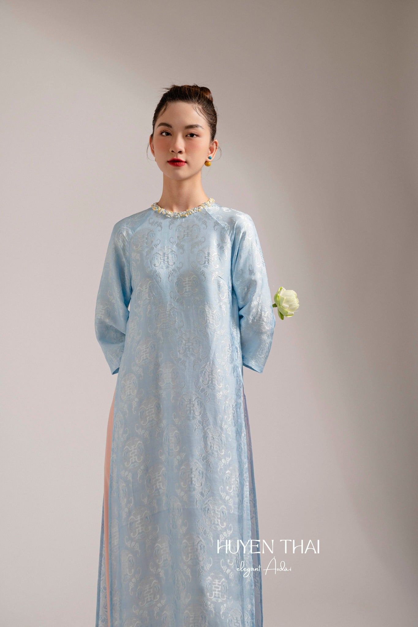 Blue silk Ao Dai with sequined neck by Huyen Collection, alternate color variation full view