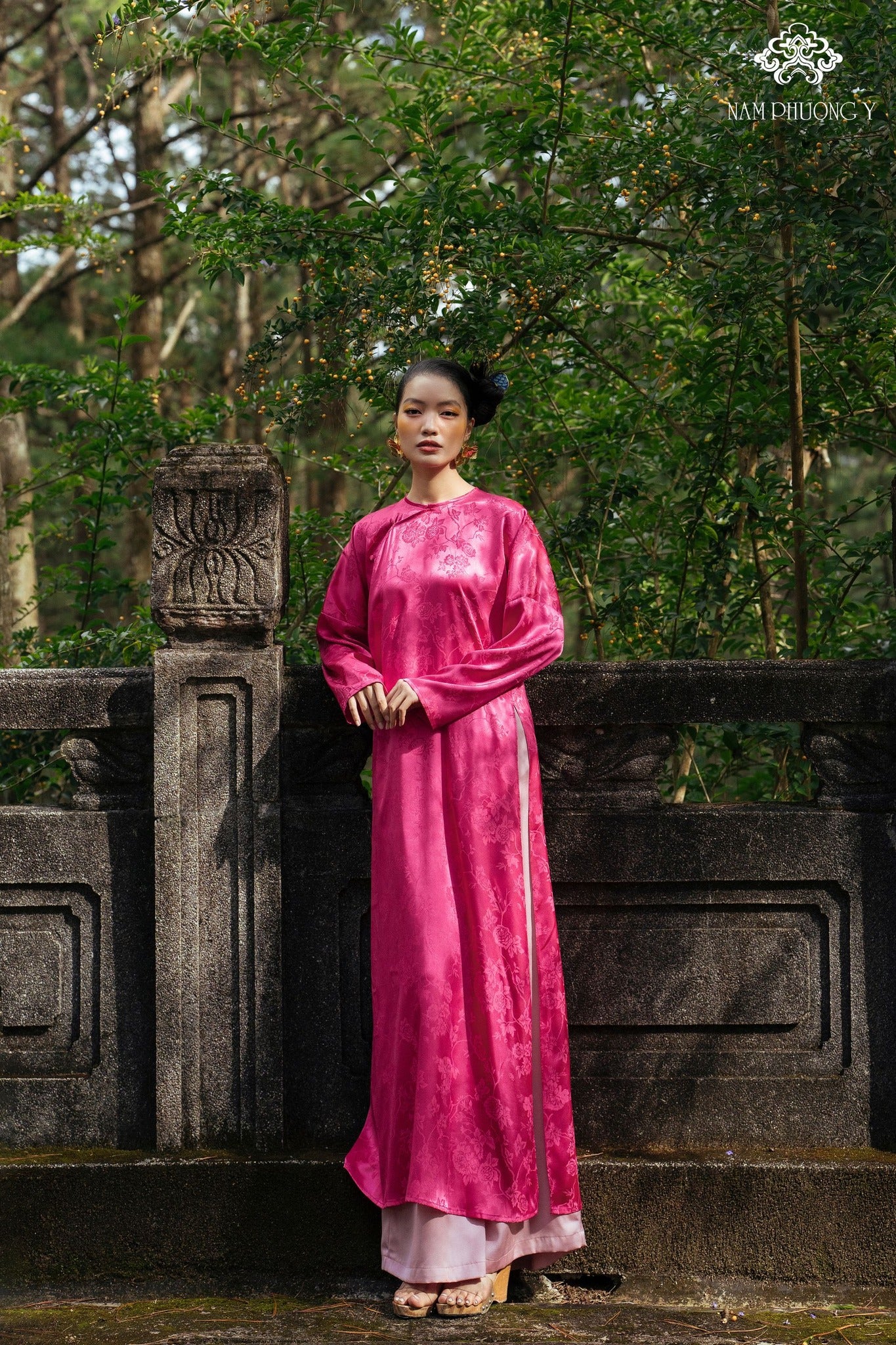 Vietnamese Ao Dai - Bich Dao - Premium Brocade silk Ao dai Set Dress - front view in pink by Nam Phuong Y