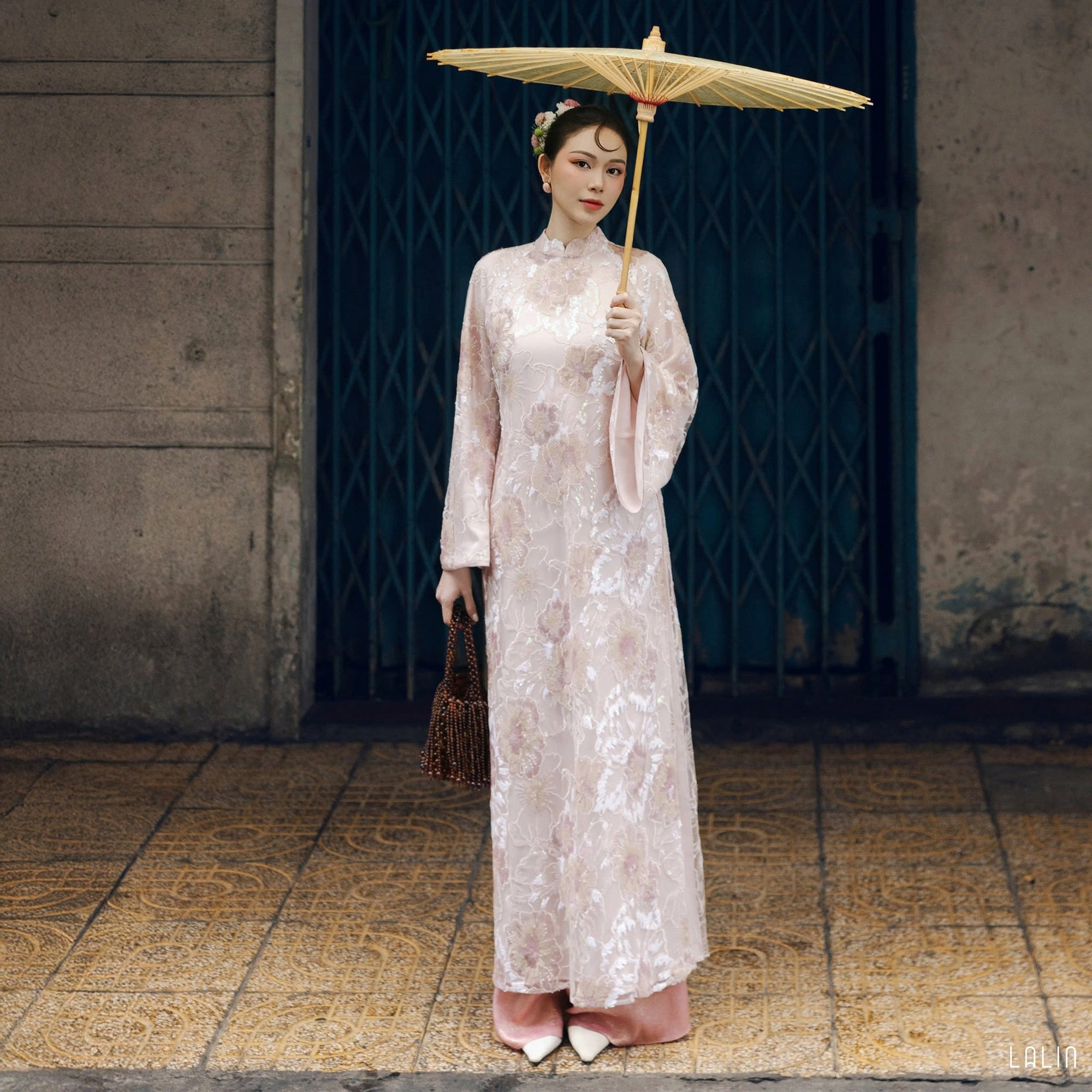 "Kim Sa Ao dai Set - Sequinced Satin in Soft Blush, traditional Vietnamese dress with floral silk pattern by Lalin."