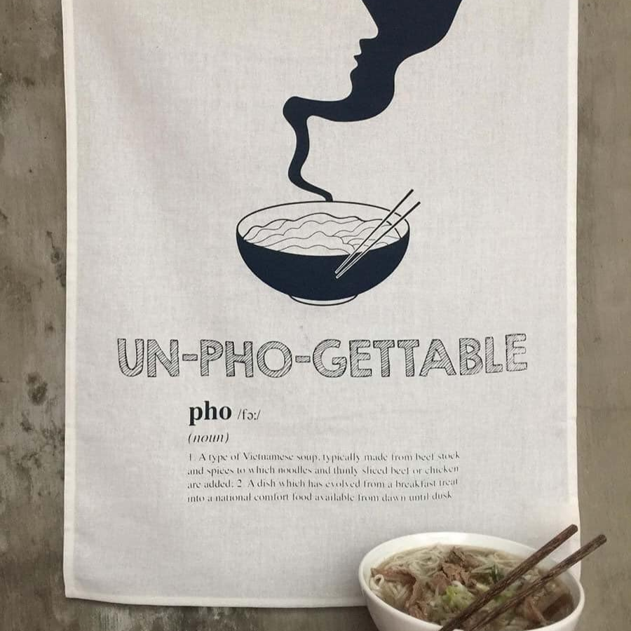 Un-Pho-gettable Kitchen Towel - flat lay display in linen in white by Bat-trang