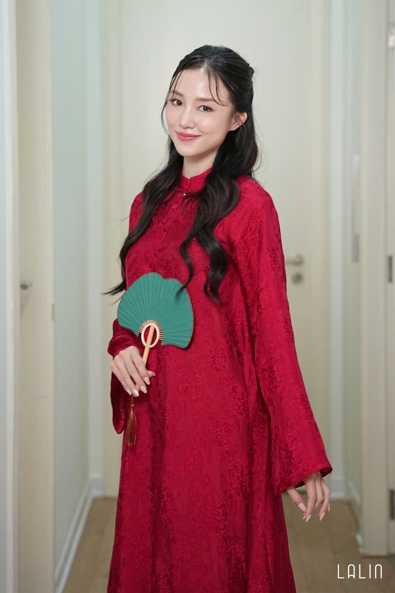 "Hy Loan Ao Dai set in crimson silk, traditional Vietnamese dress by Lalin"