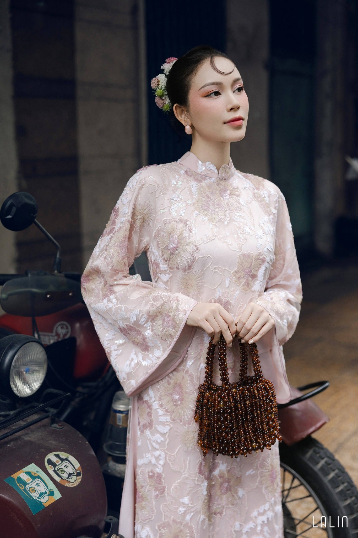 "Kim Sa Ao dai Set - Sequined Satin in Soft Blush, traditional Vietnamese dress with floral silk pattern by Lalin"