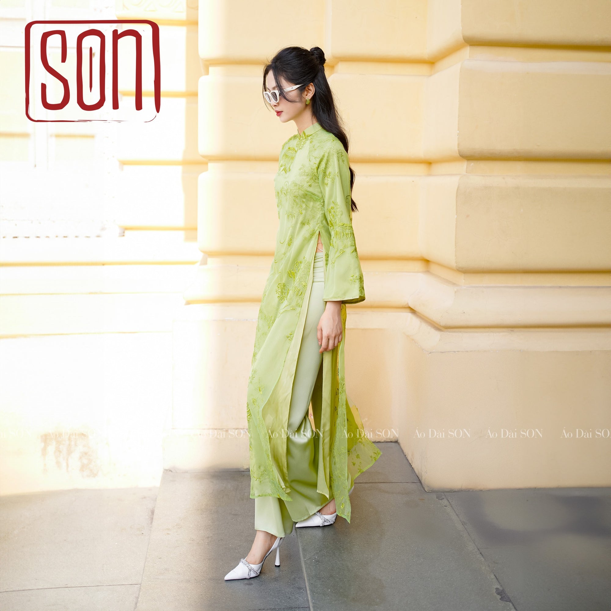 "Yen Son Ao Dai set in Avocado, green silk with modern embroidery, traditional Vietnamese dress."