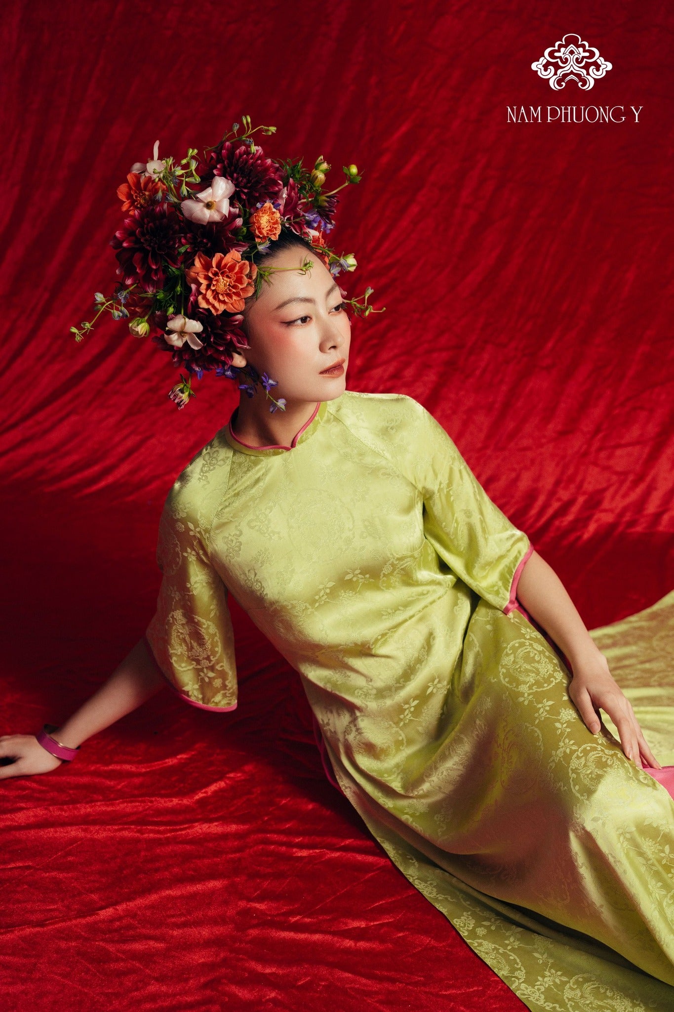 "Thien Huong Premium Silk Ao dai Set in Chartreuse, traditional Vietnamese dress with jacquard pattern, by Nam Phuong Y."