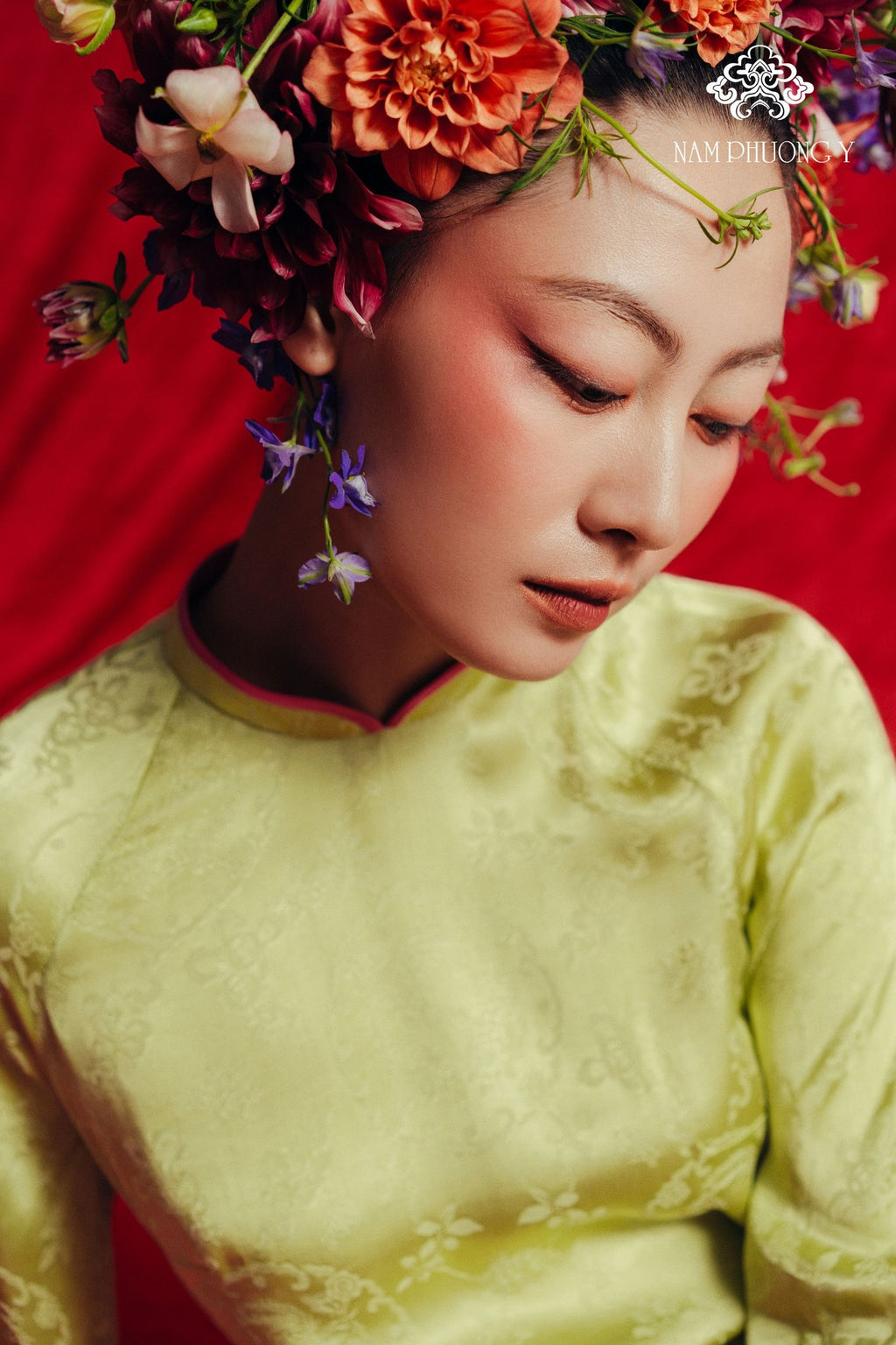 "Thien Huong Premium Silk Ao dai in Chartreuse by Nam Phuong Y, traditional Vietnamese dress with jacquard pattern."