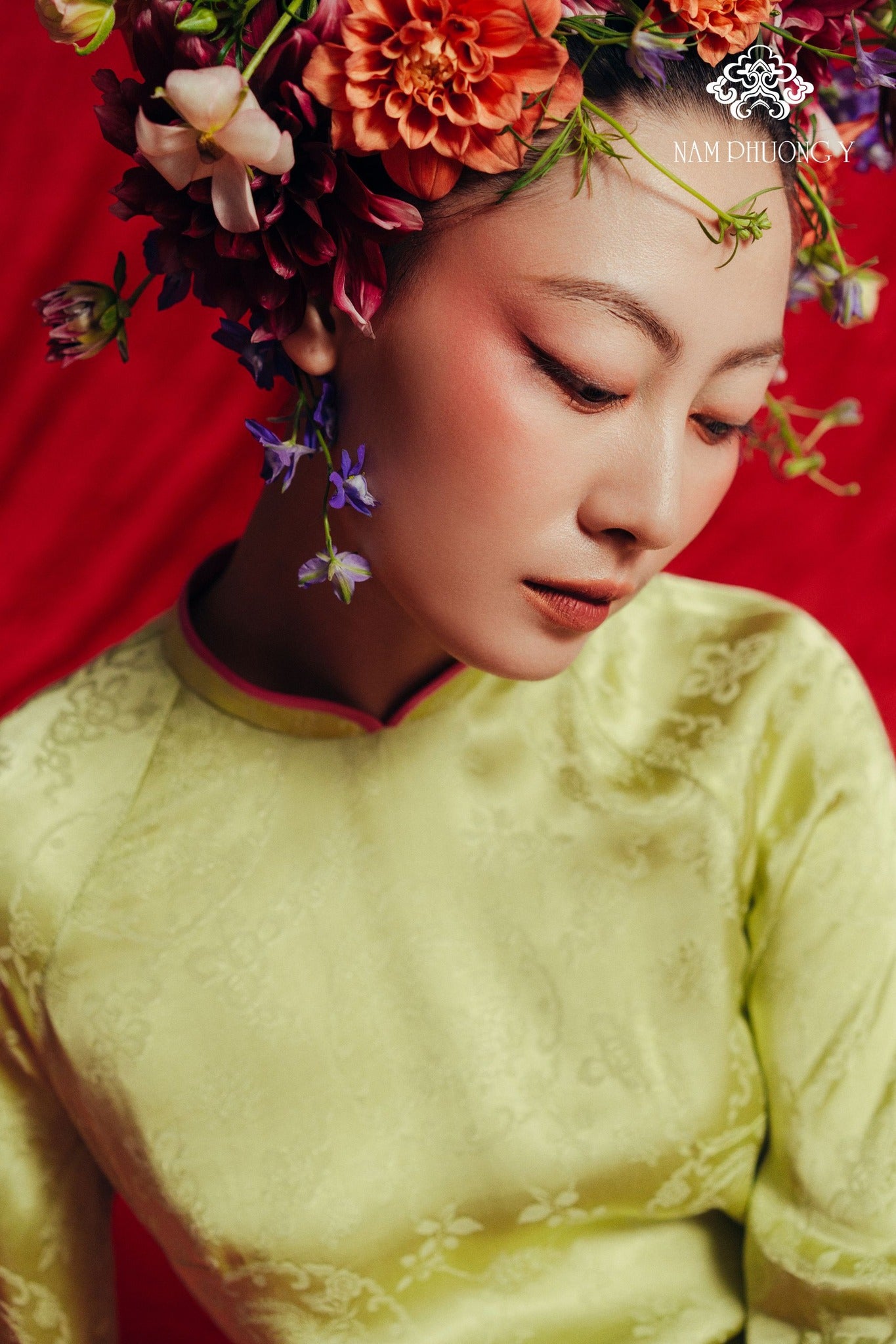 "Thien Huong Premium Silk Ao dai in Chartreuse by Nam Phuong Y, traditional Vietnamese dress with jacquard pattern."