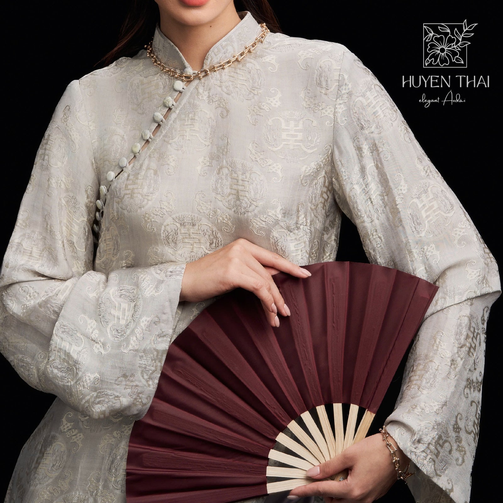 Vietnamese Ao Dai - “Bạch Ngọc” - Wormsilk Ao Dai Set in Ivory Grey - front view in silver by Huyen Collection