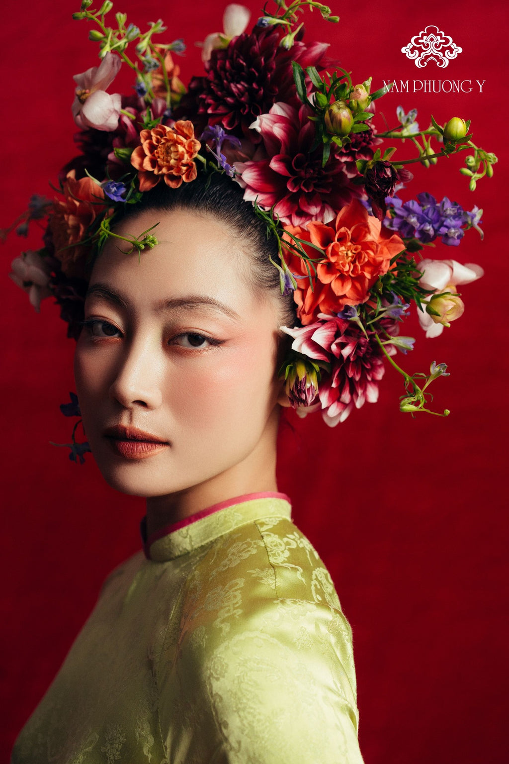"Thien Huong premium silk Ao dai set in chartreuse, traditional Vietnamese dress with jacquard pattern, by Nam Phuong Y."