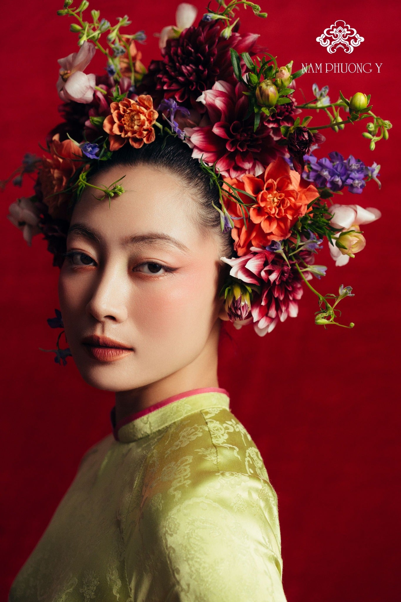 "Thien Huong premium silk Ao dai set in chartreuse, traditional Vietnamese dress with jacquard pattern, by Nam Phuong Y."