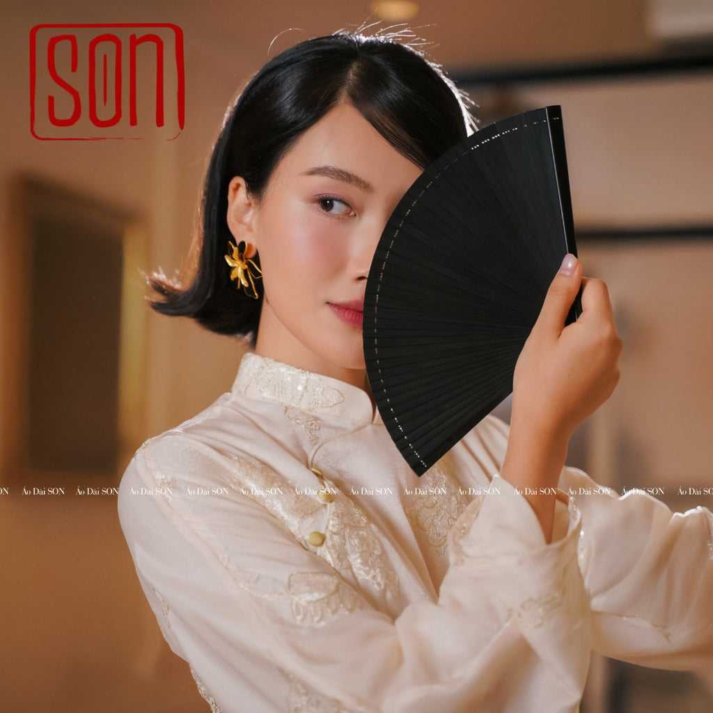 "Tuyet Son" white silk embroidered Ao Dai set, traditional Vietnamese dress by SON.