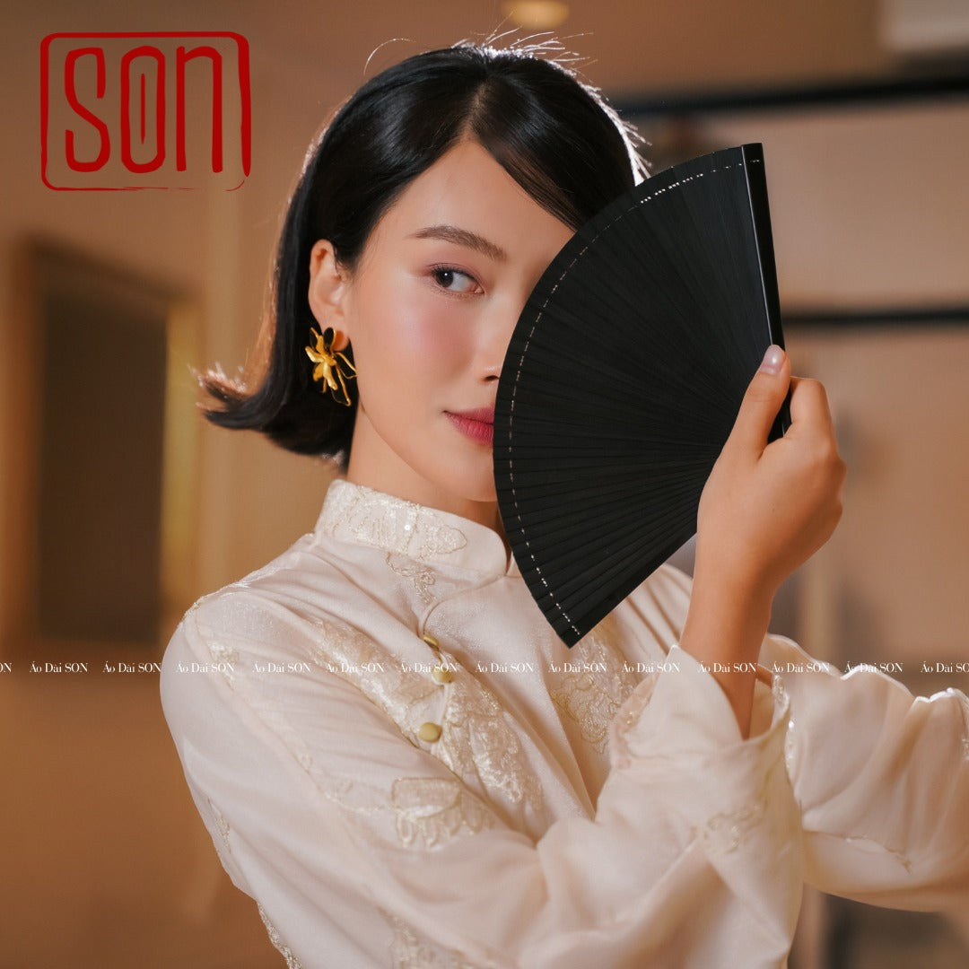 "Tuyet Son" white silk embroidered Ao Dai set, traditional Vietnamese dress by SON.