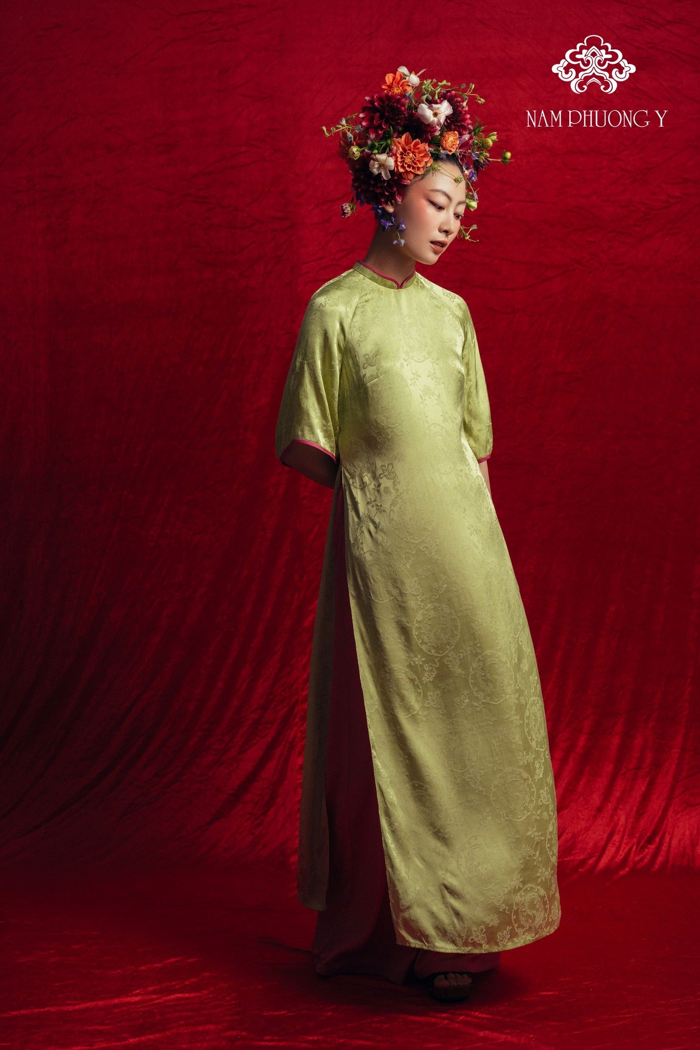 "Thien Huong Premium Silk Ao dai Set in Chartreuse, traditional Vietnamese dress by Nam Phuong Y, with jacquard pattern."