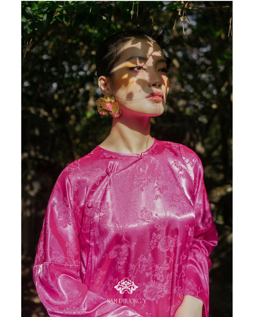 "Bich Dao" - Premium Brocade silk Ao dai Set Dress in Pink