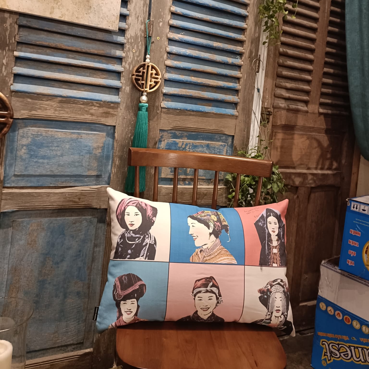 "Faces of Vietnam Cushion Covers in blue and pink cotton-linen with traditional ethnic patterns by Bat-trang."