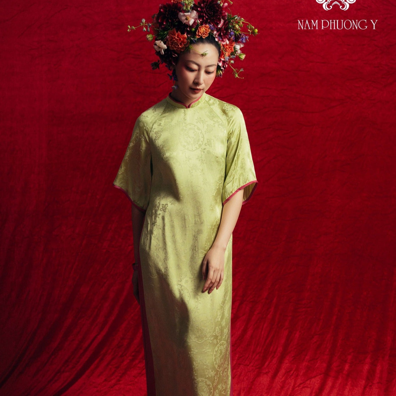 "Thien Huong Premium Silk Ao dai Set in Chartreuse by Nam Phuong Y, traditional Vietnamese dress with jacquard pattern."