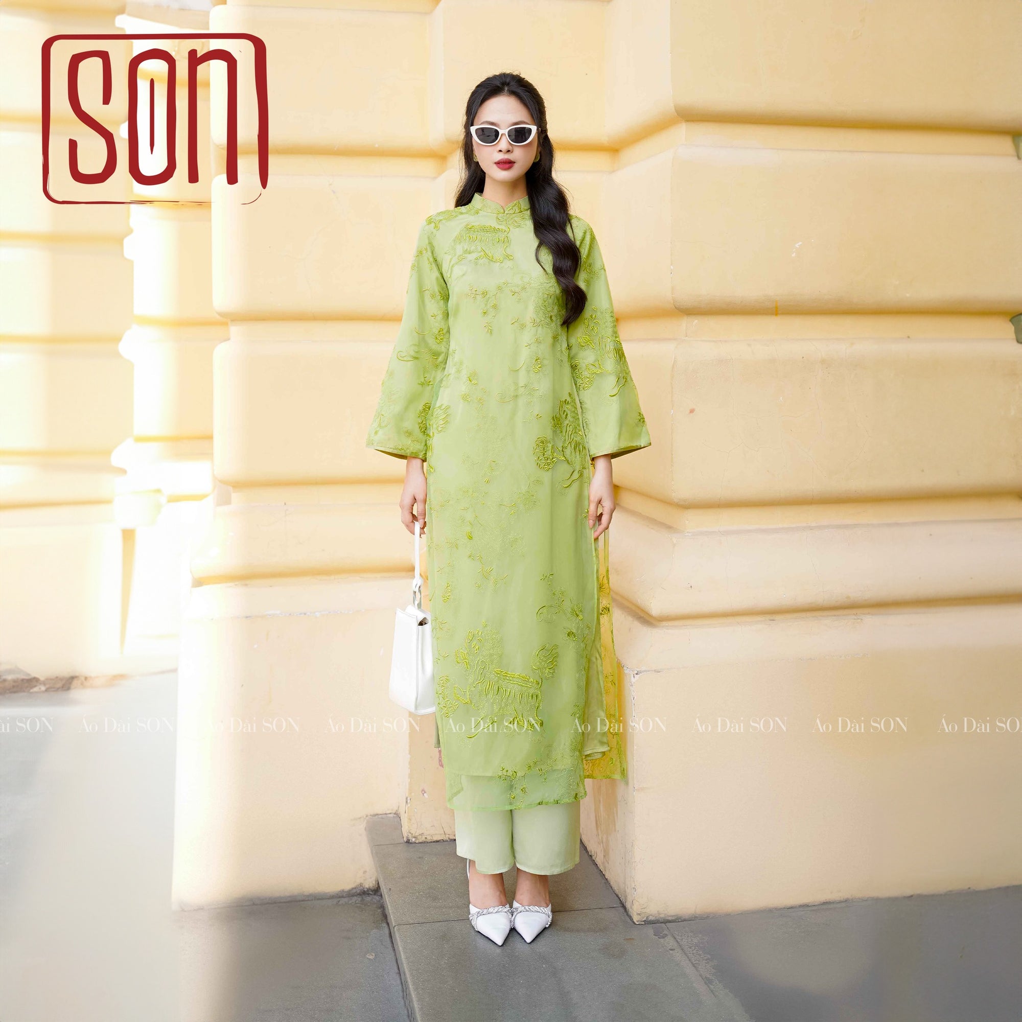 "Yen Son Ao Dai set in avocado green silk with traditional embroidery, Vietnamese dress"