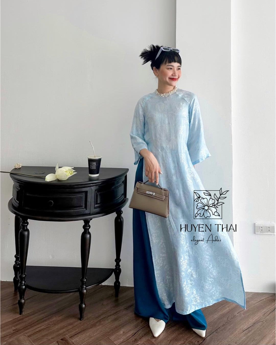 Hong Ngoc - Wormsilk Modern Ao Dai Set with Sequined Neck - styled presentation by Huyen Thai Collection